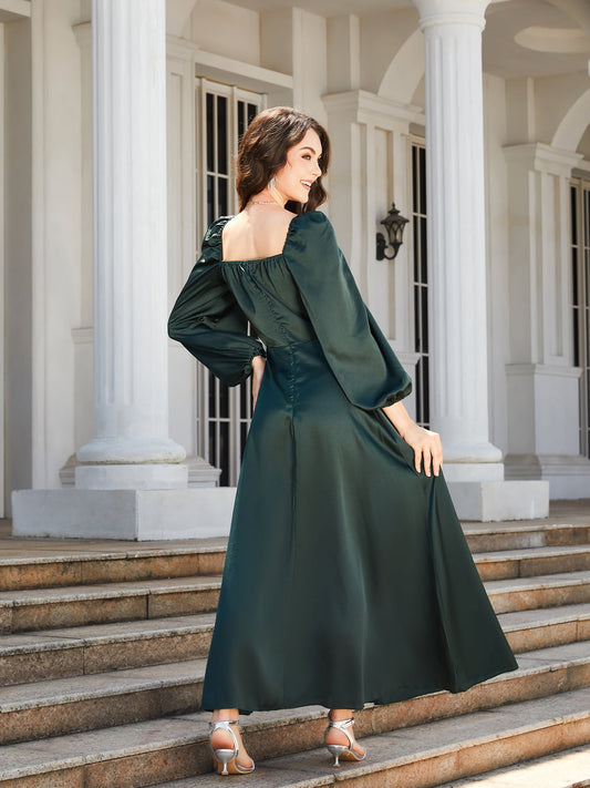 Square Neck Puff Sleeve High Slit Maxi Dress  Dresses- Doll Fits