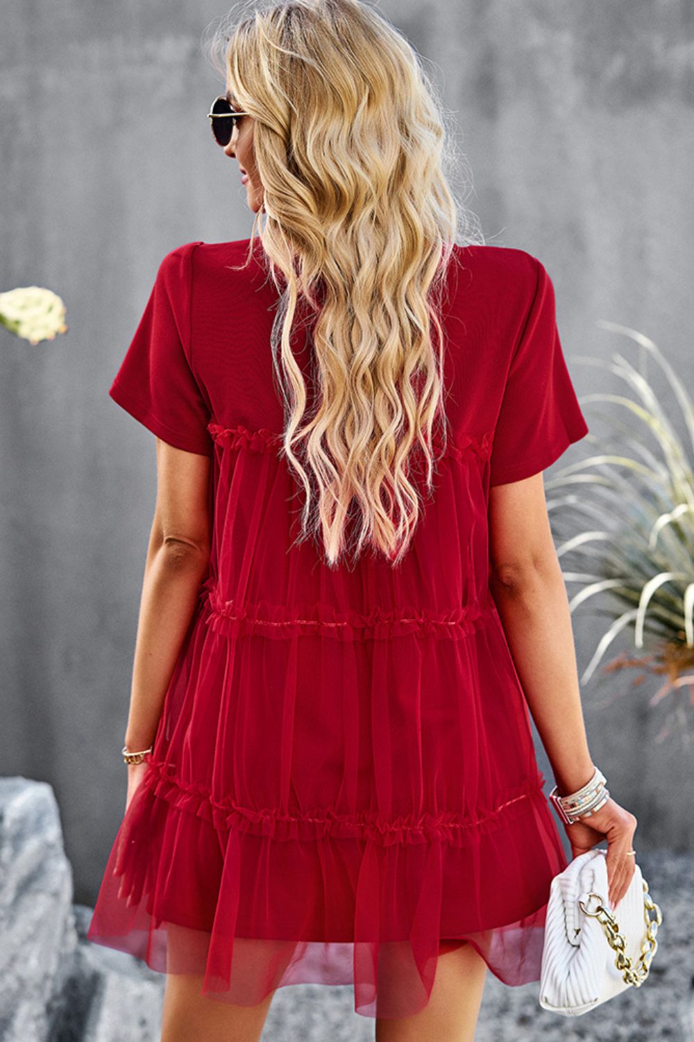 Frill Trim Spliced Mesh Mini Dress  Dresses- Doll Fits