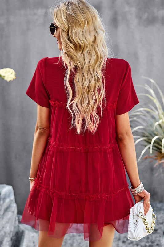 Frill Trim Spliced Mesh Mini Dress  Dresses- Doll Fits