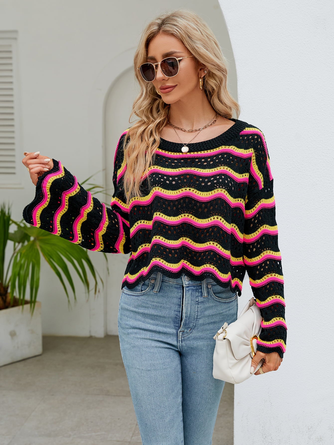 Round Neck Openwork Flare Sleeve Knit Top  - Doll Fits