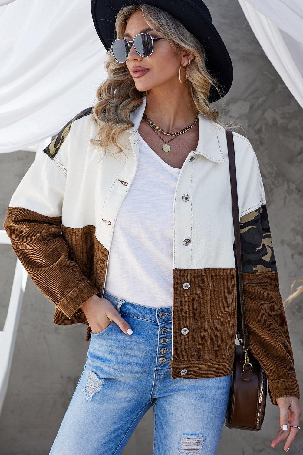 Leopard Color Block Button-Up Corduroy Shacket  - Doll Fits