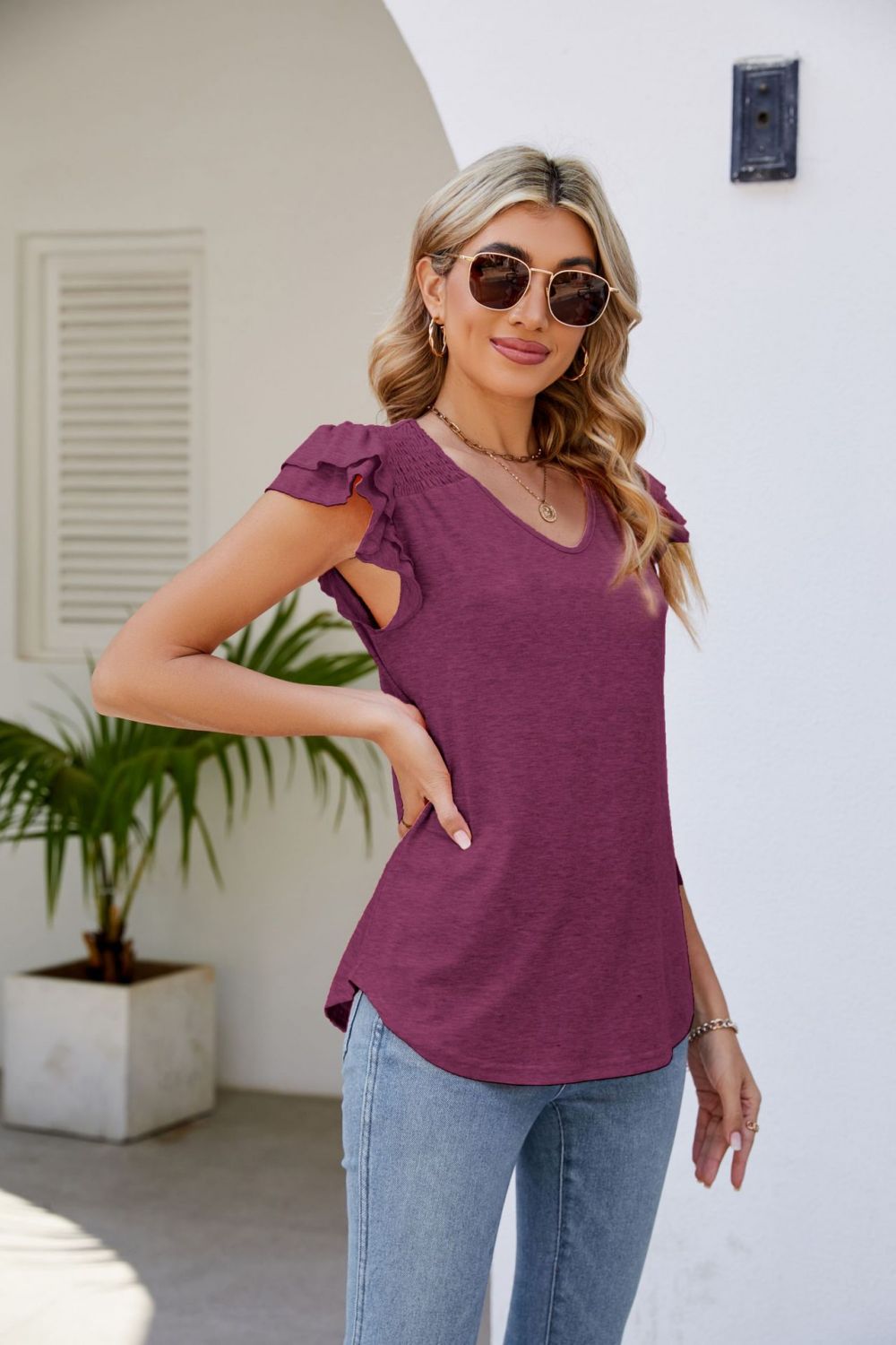 Smocked Flutter Sleeve V-Neck Top  Shirts & Tops- Doll Fits