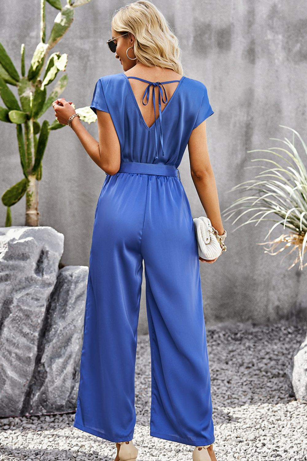 Tie Belt V-Neck Short Sleeve Jumpsuit  Jumpsuits & Rompers- Doll Fits