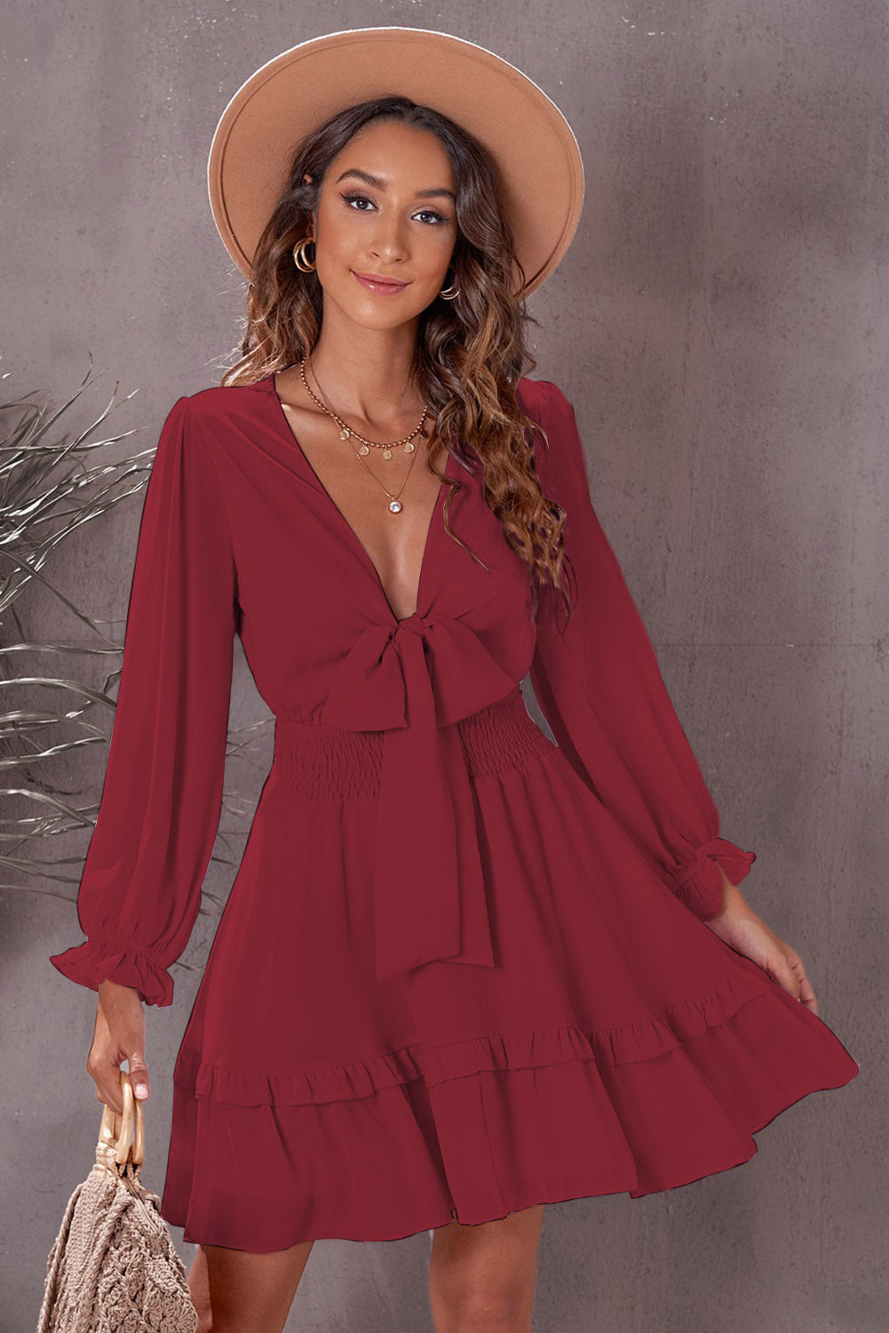Tied Plunge Smocked Waist Flounce Sleeve Dress  Dresses- Doll Fits