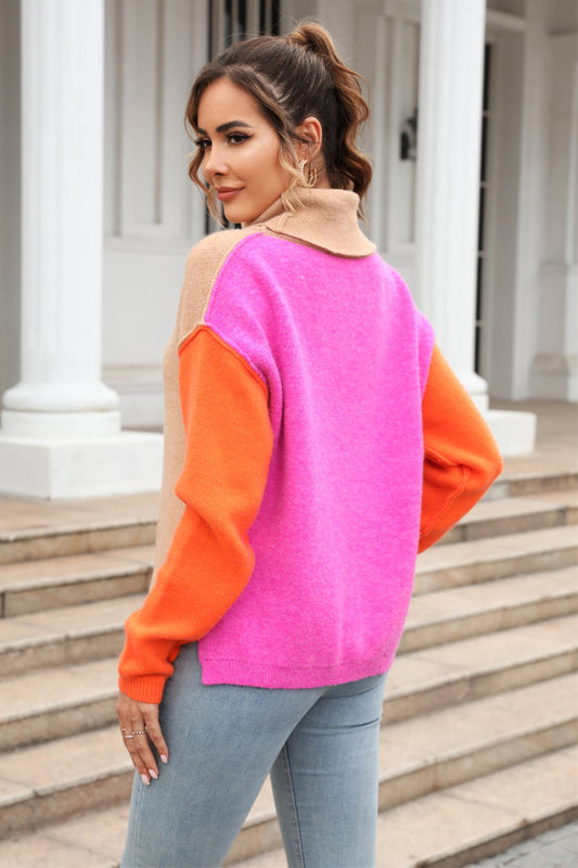 Double Take Color Block Turtleneck Slit Sweater  - Doll Fits