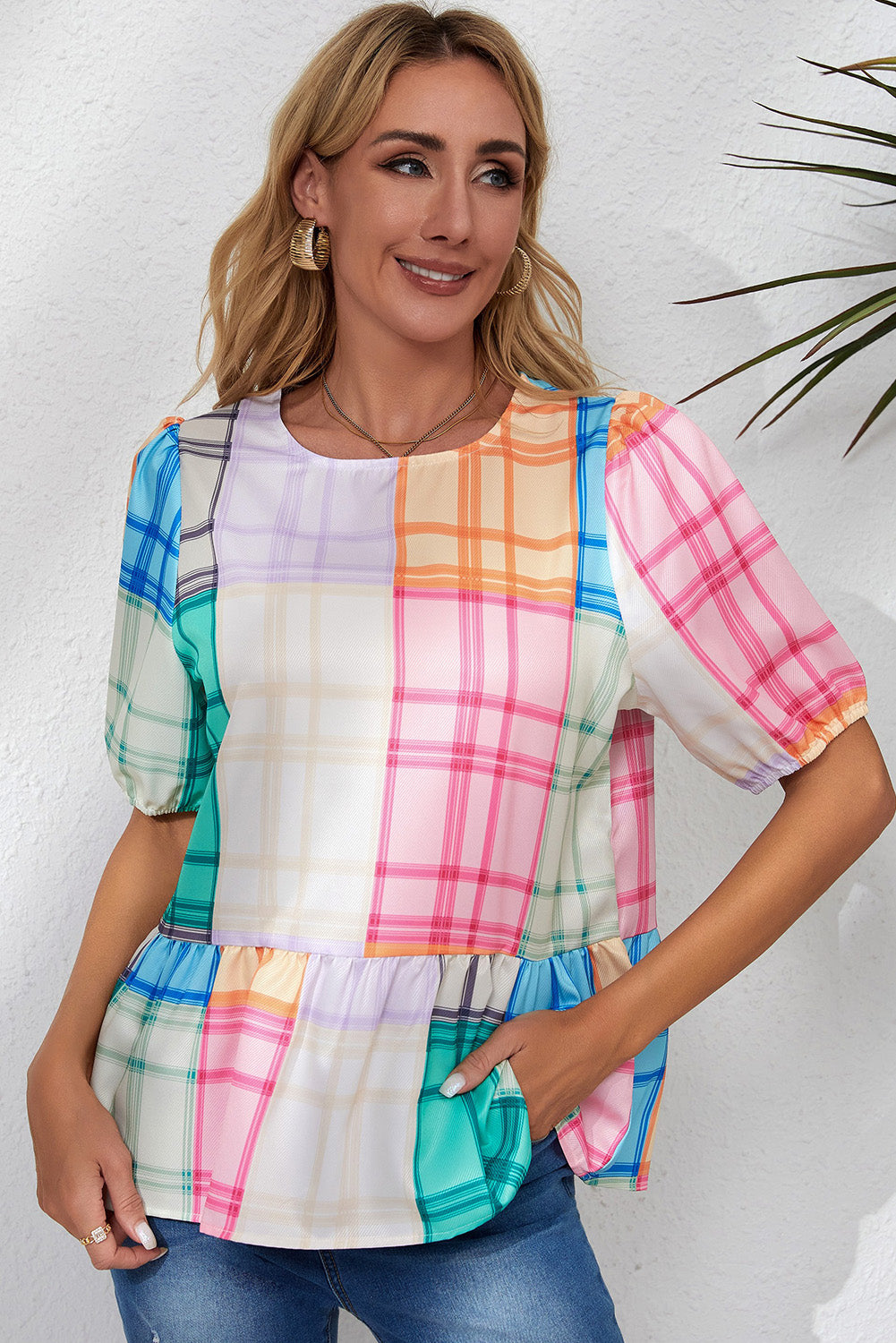 Round Neck Puff Sleeve Plaid Blouse  - Doll Fits
