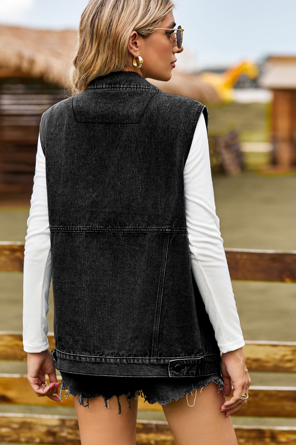 Sleeveless Collared Neck Denim Top with Pockets  Shirts & Tops- Doll Fits