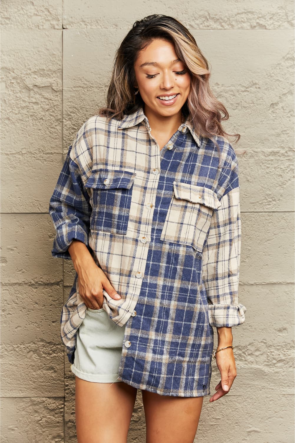Plaid Dropped Shoulder Shirt Jacket  - Doll Fits