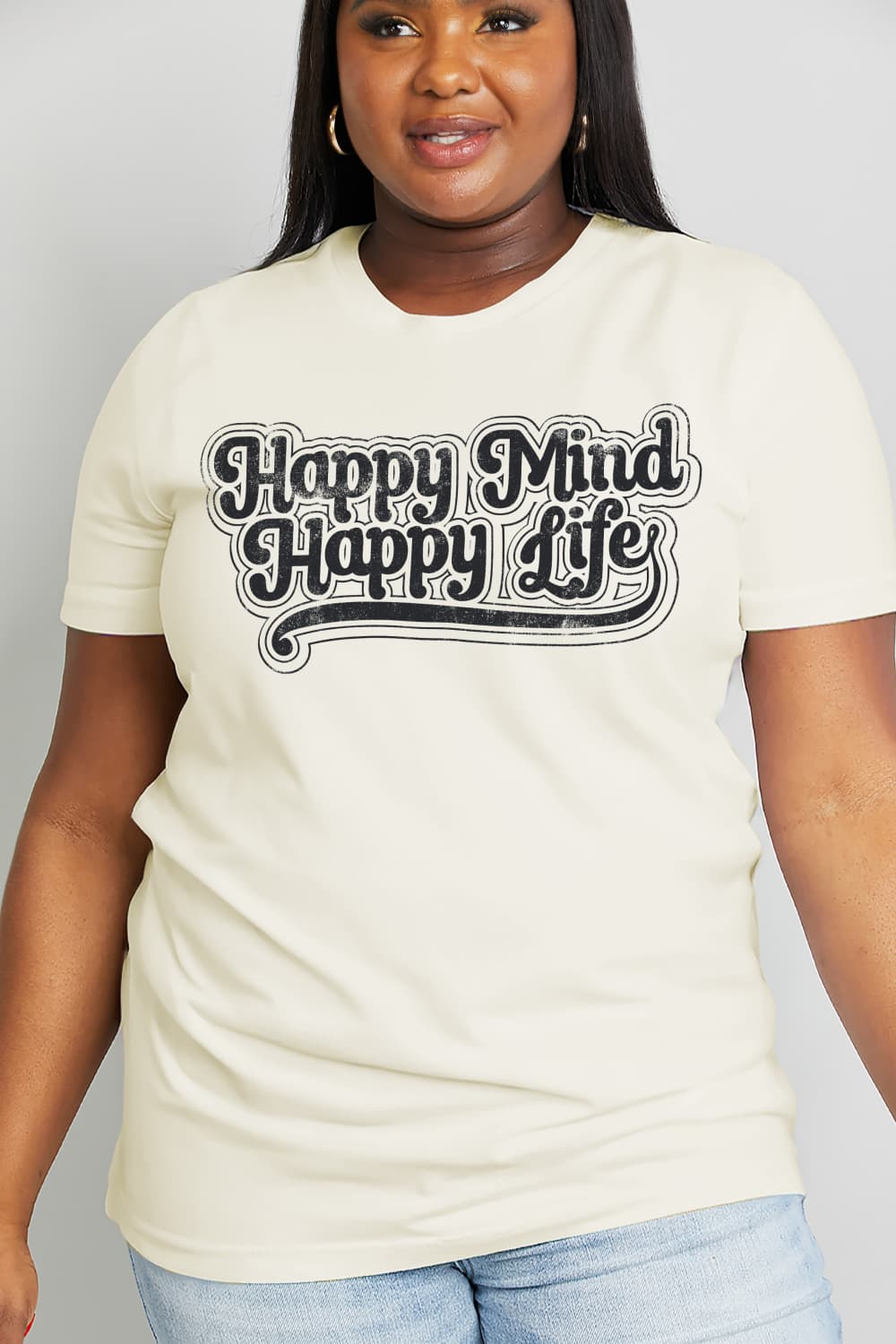 Simply Love Full Size HAPPY MIND HAPPY LIFE Graphic Cotton Tee  - Doll Fits