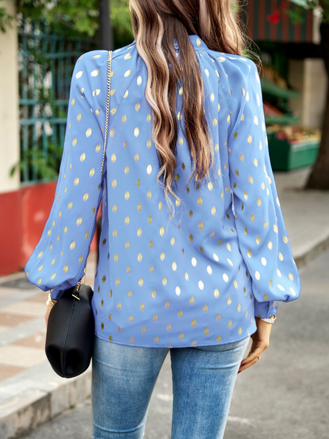 Mock Neck Cutout Lantern Sleeve Blouse  - Doll Fits