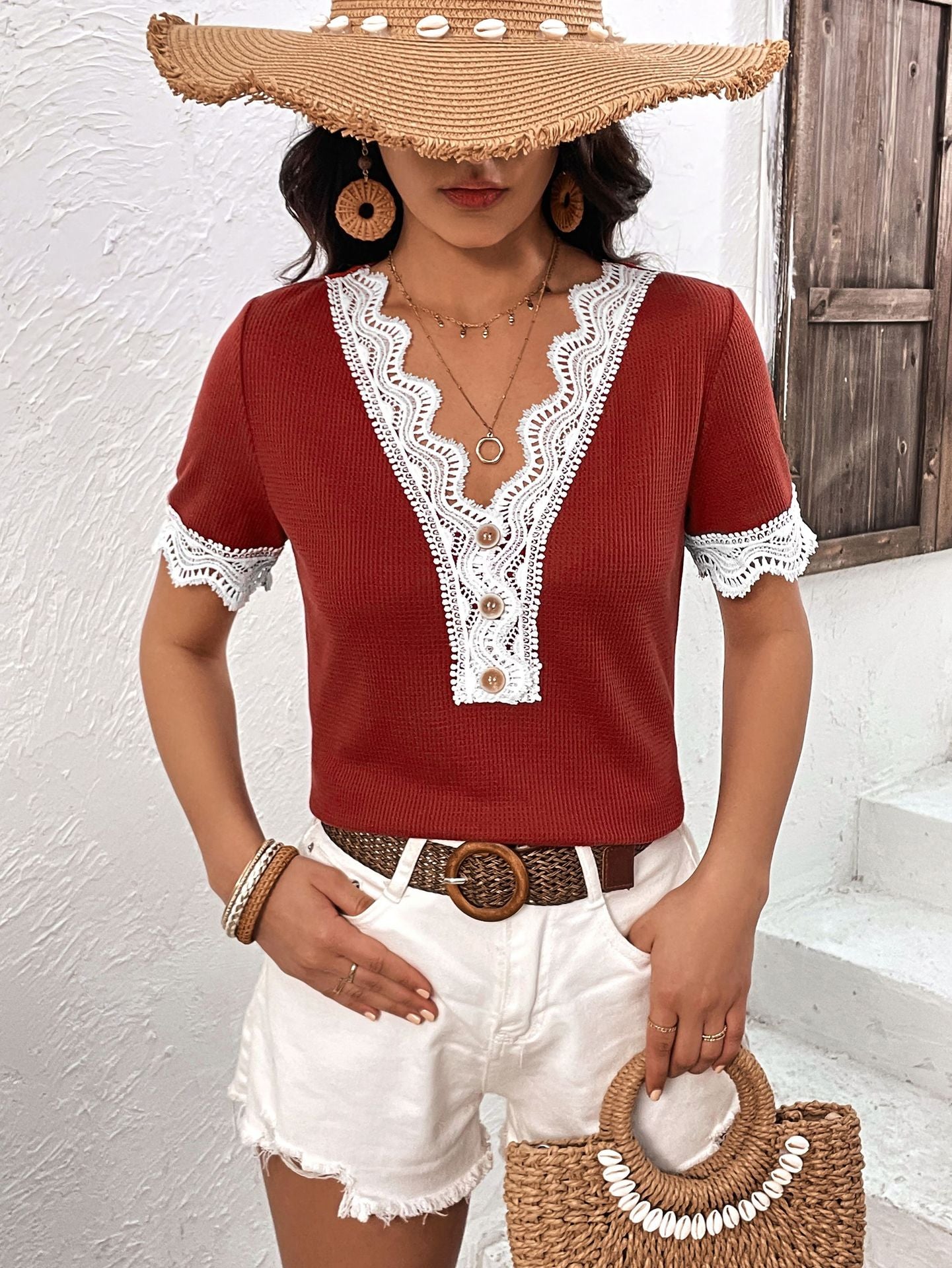 Decorative Button Spliced Lace Short Sleeve Top  Shirts & Tops- Doll Fits