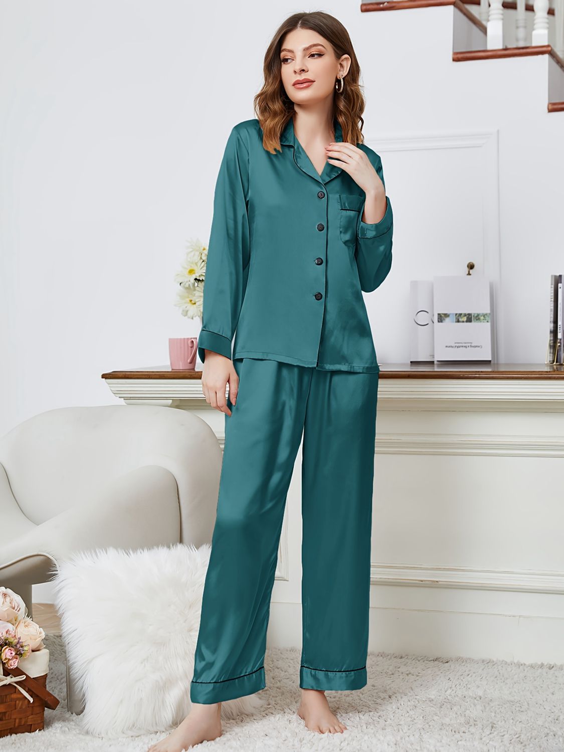 Lapel Collar Long Sleeve Top and Pants Pajama Set  - Doll Fits