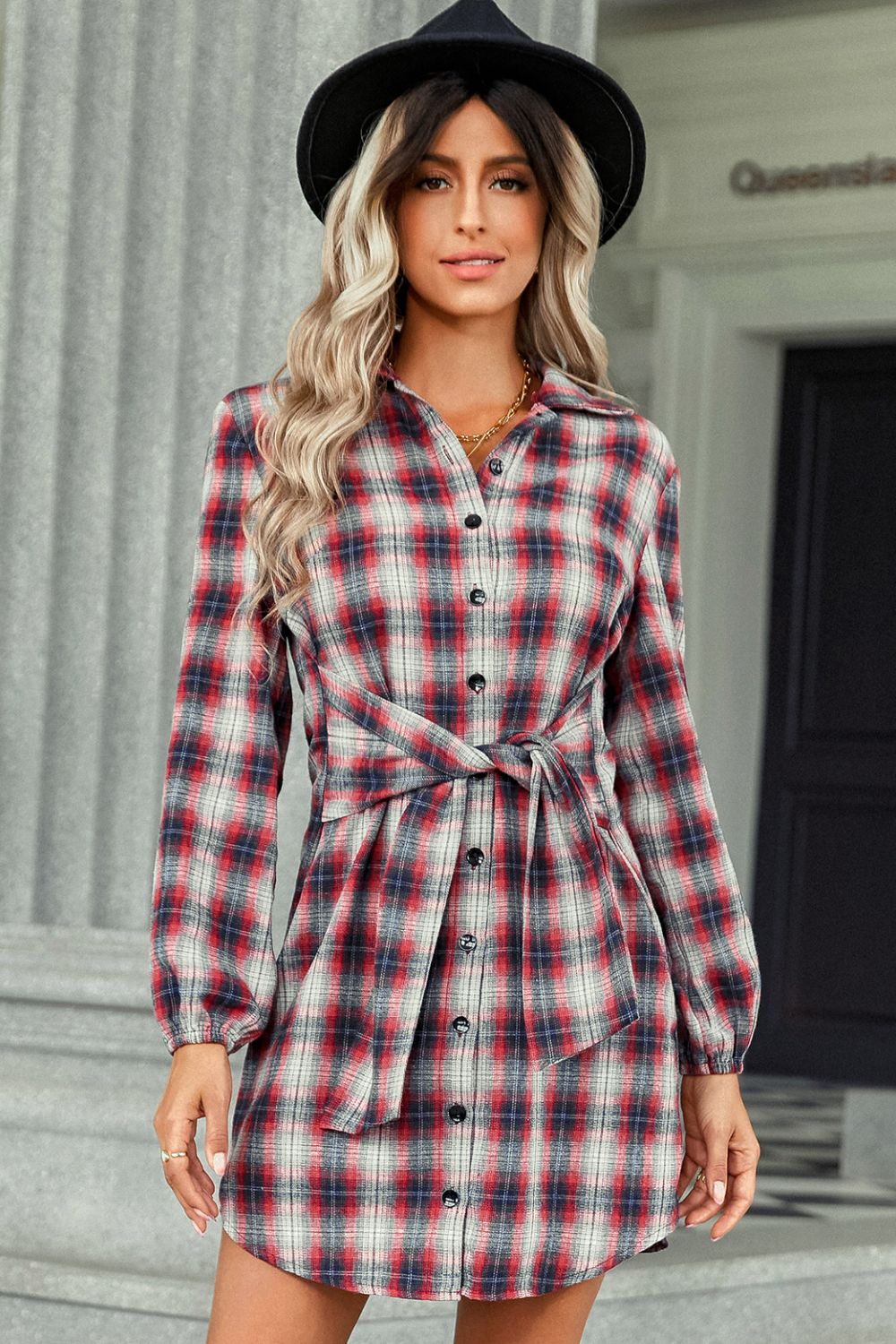 Plaid Tie Front Mini Shirt Dress  Dresses- Doll Fits
