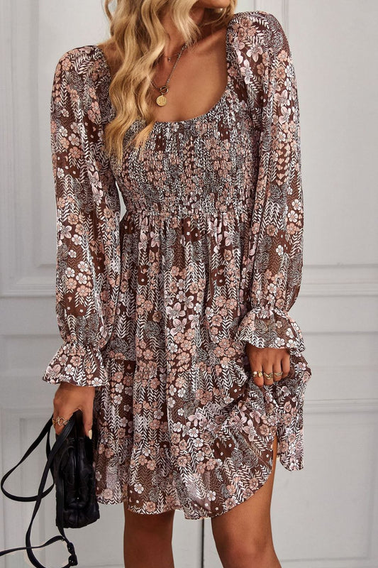 Floral Long Flounce Sleeve Square Neck Dress  Dresses- Doll Fits