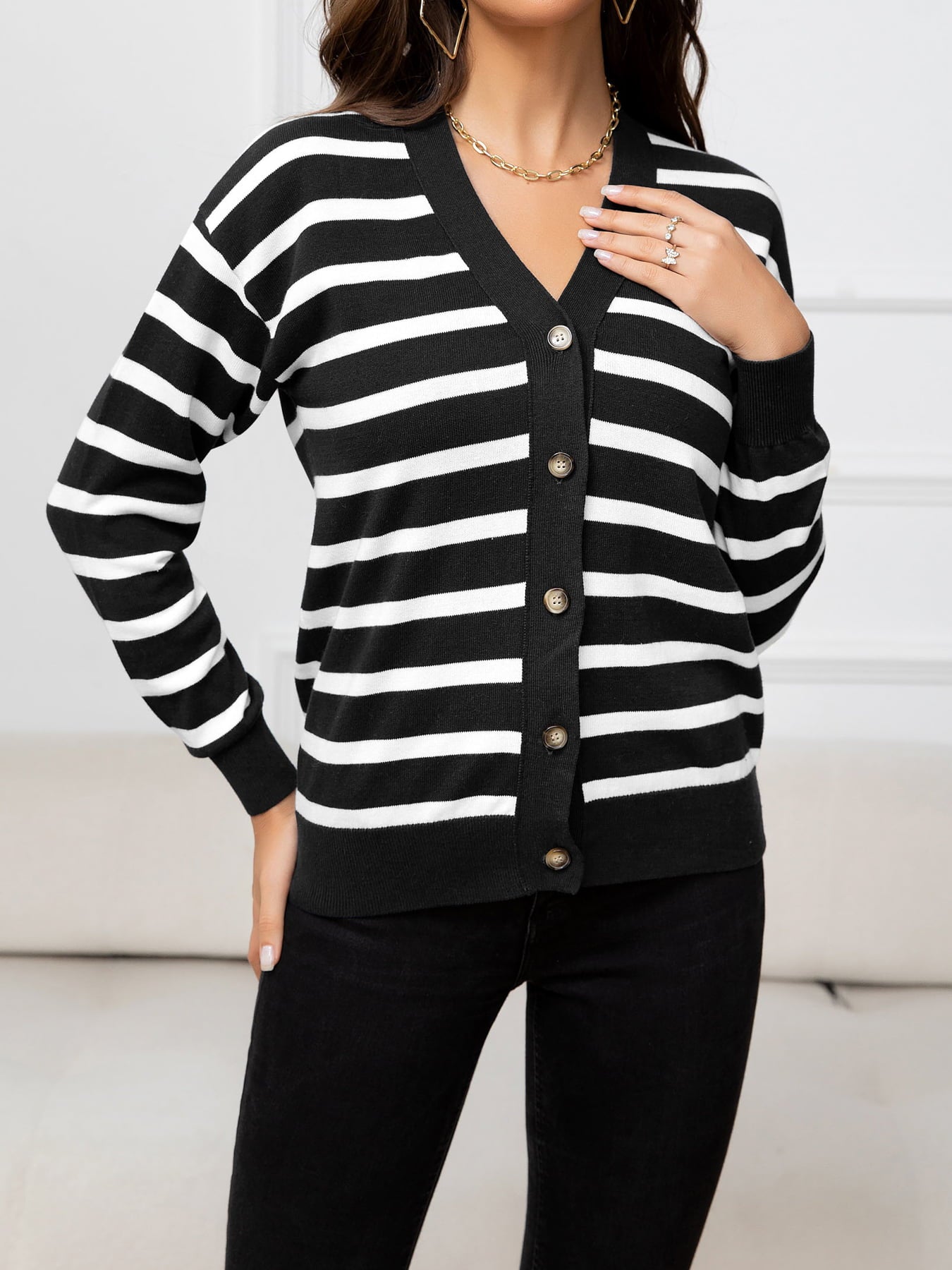 Striped Dropped Shoulder V-Neck Knit Top  - Doll Fits