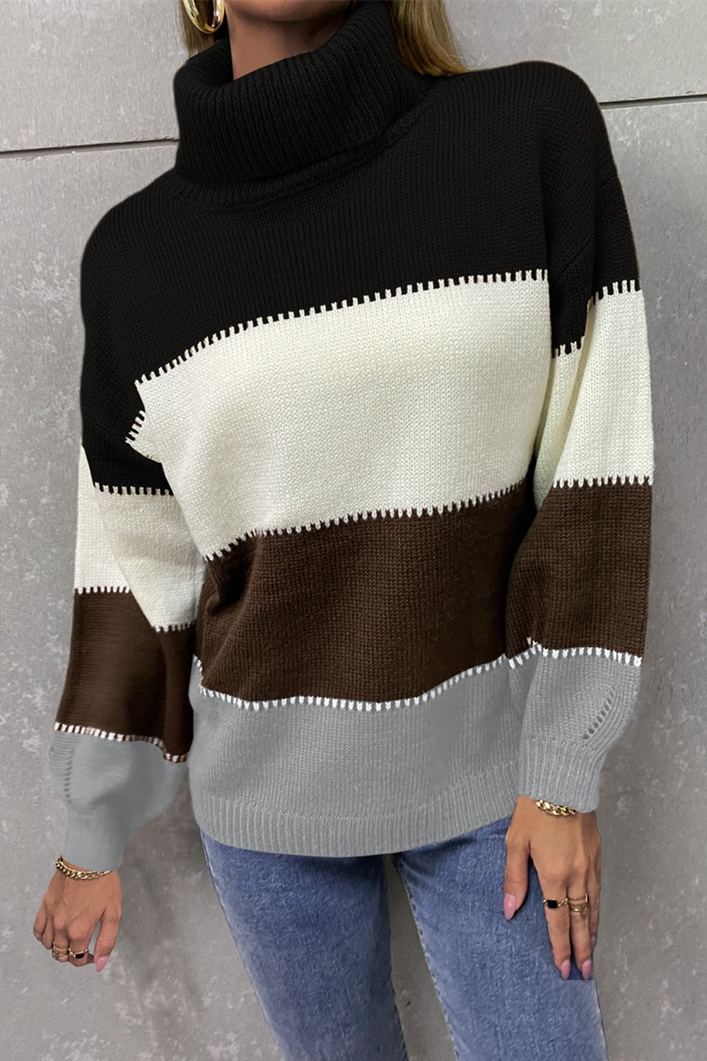 Color Block Lantern Sleeve Turtleneck Sweater  Shirts & Tops- Doll Fits