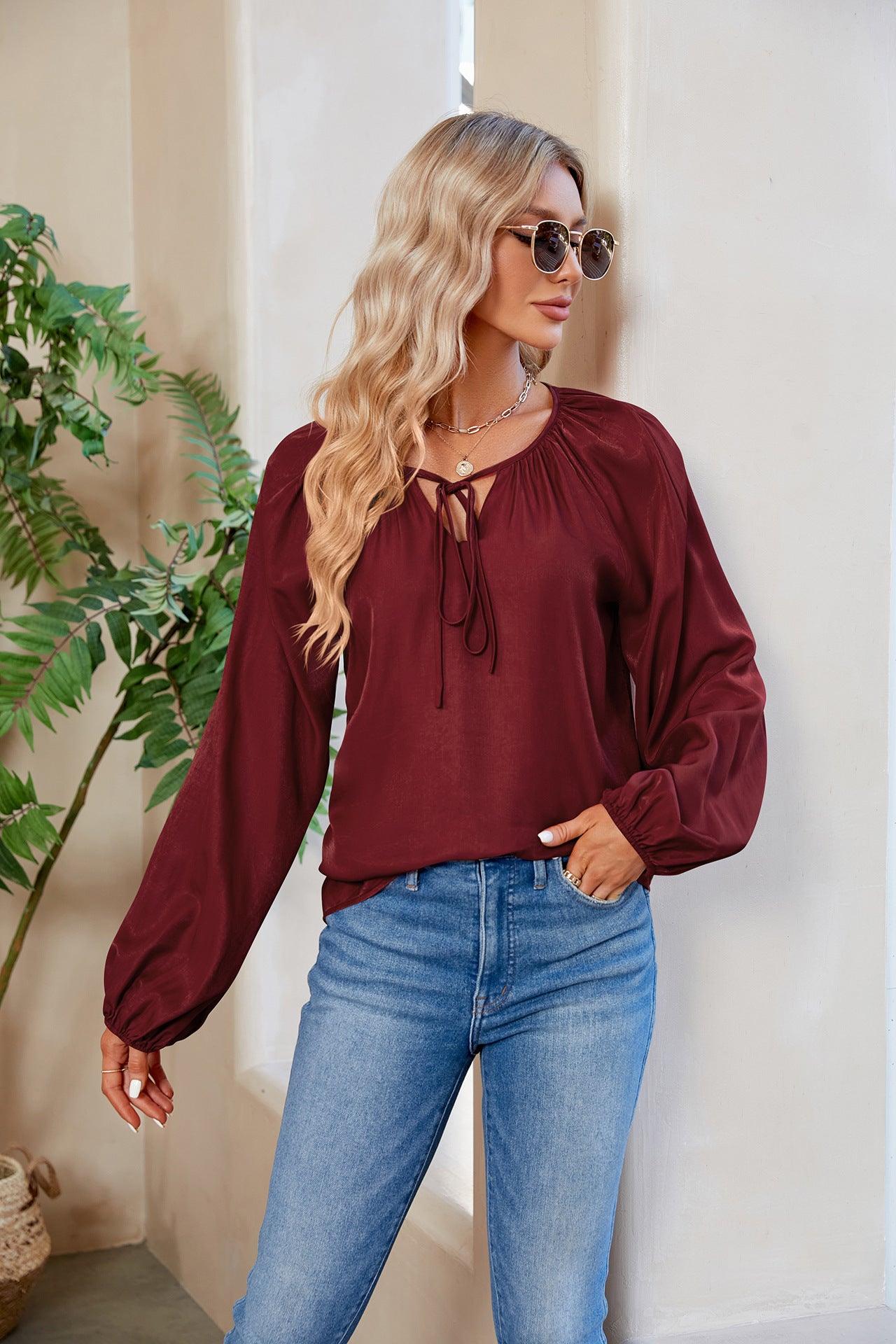 Tie Neck Balloon Sleeve Blouse  - Doll Fits