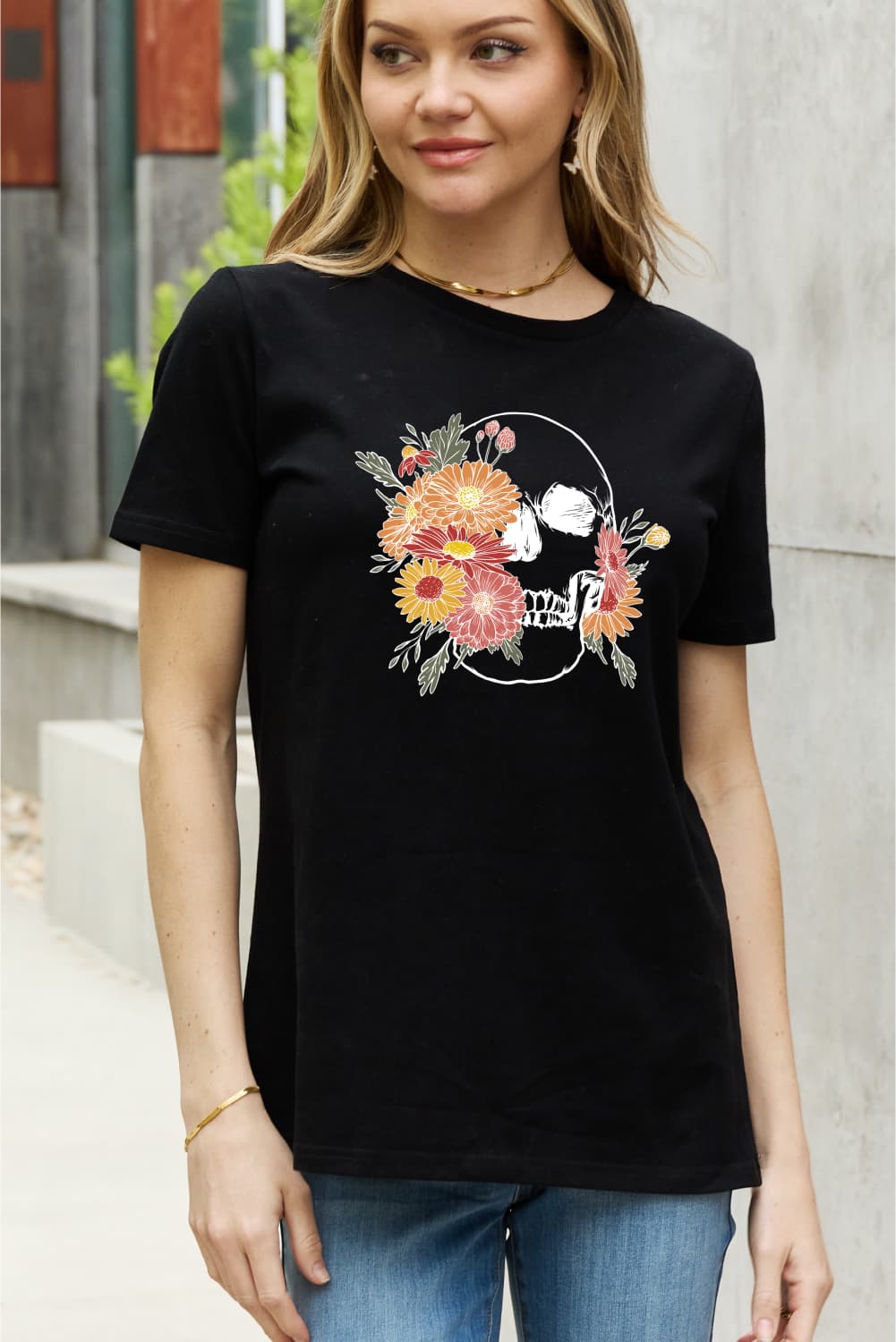 Simply Love Full Size Flower Skull Graphic Cotton Tee  Shirts & Tops- Doll Fits
