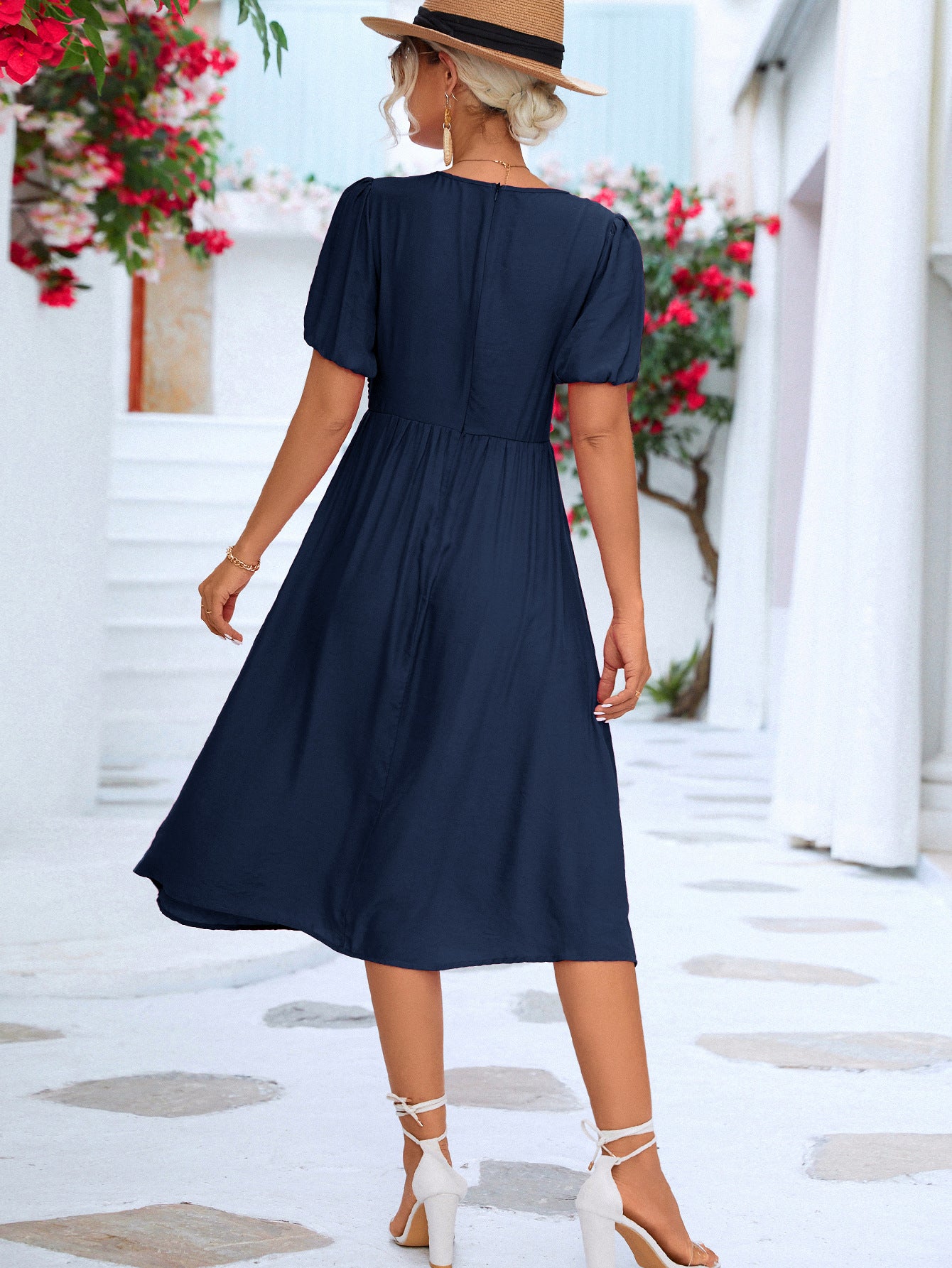 Twisted Short Puff Sleeve V-Neck Dress  Dresses- Doll Fits