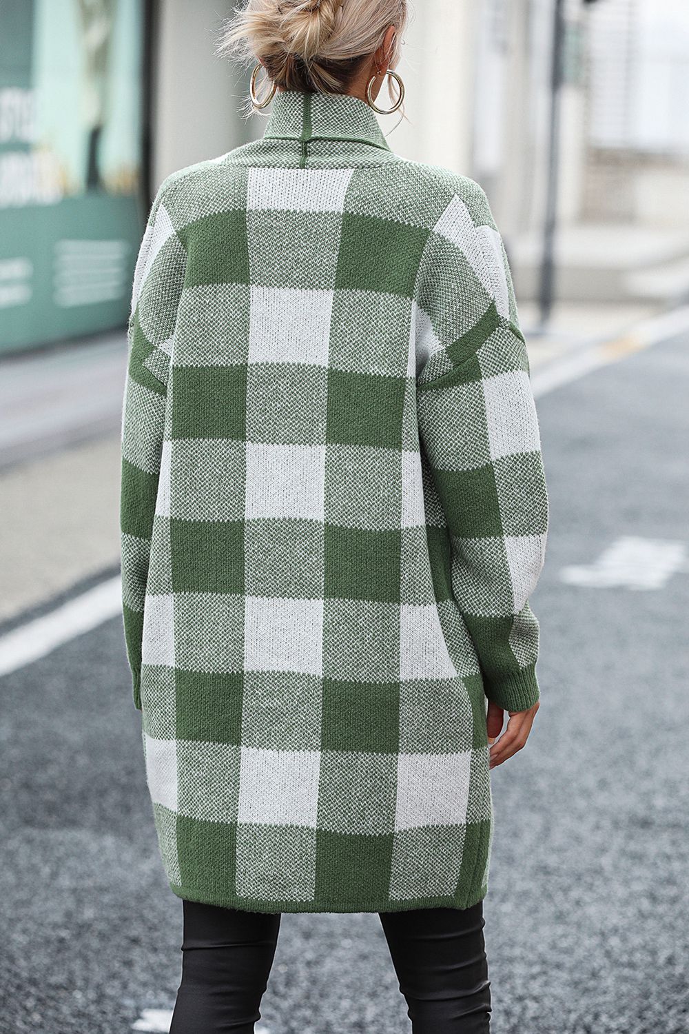 Plaid Dropped Shoulder Cardigan with Pocket  - Doll Fits