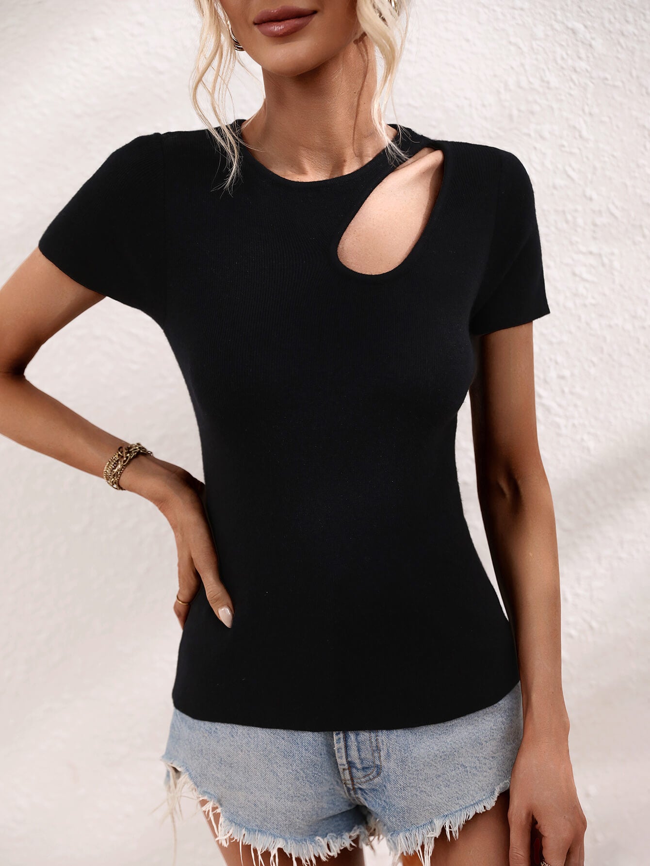 Cutout Round Neck Short Sleeve Knit Top  Shirts & Tops- Doll Fits