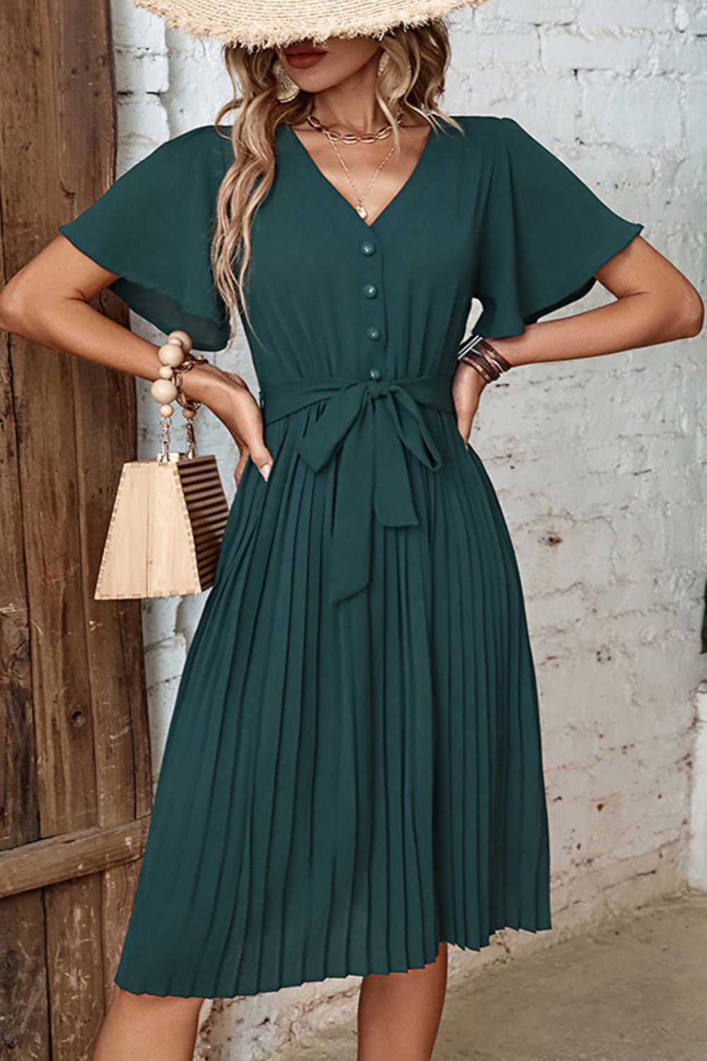 Buttoned V-Neck Flutter Sleeve Pleated Dress  Dresses- Doll Fits
