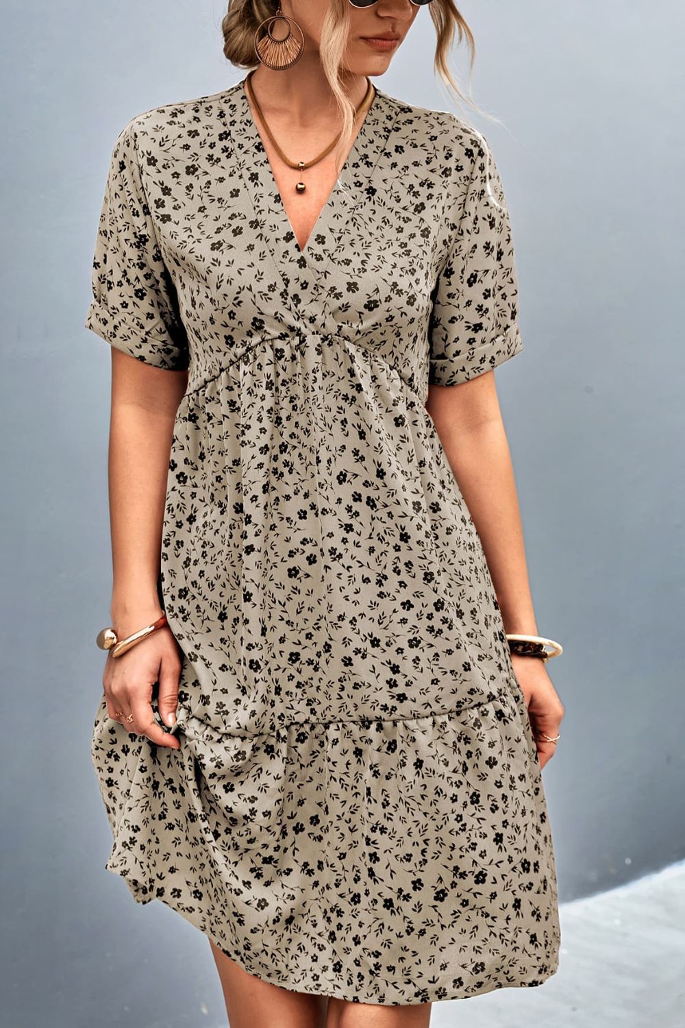 Ditsy Floral Empire Waist Plunge Short Sleeve Dress  Dresses- Doll Fits