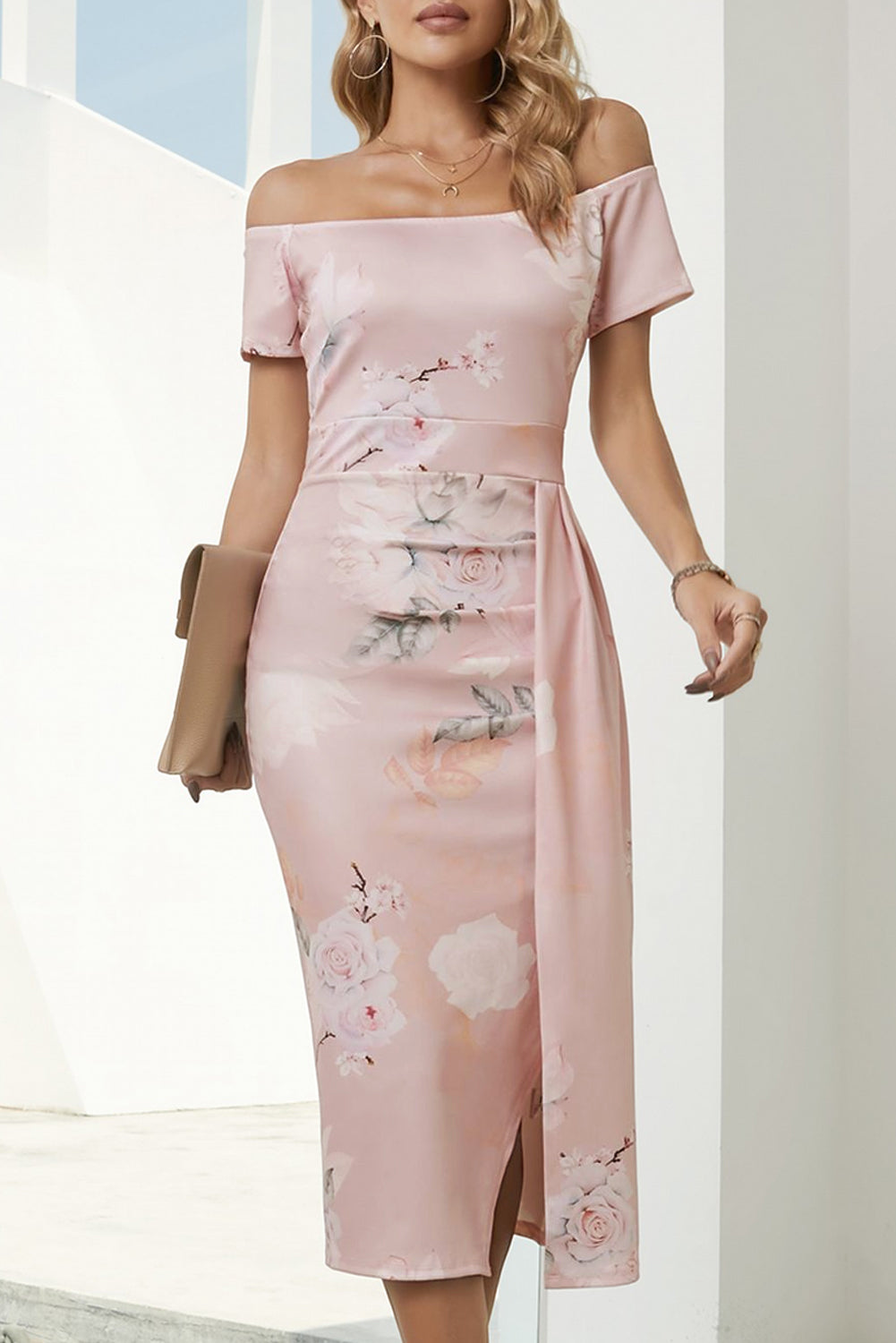 Printed Off-Shoulder Split Dress  Dresses- Doll Fits