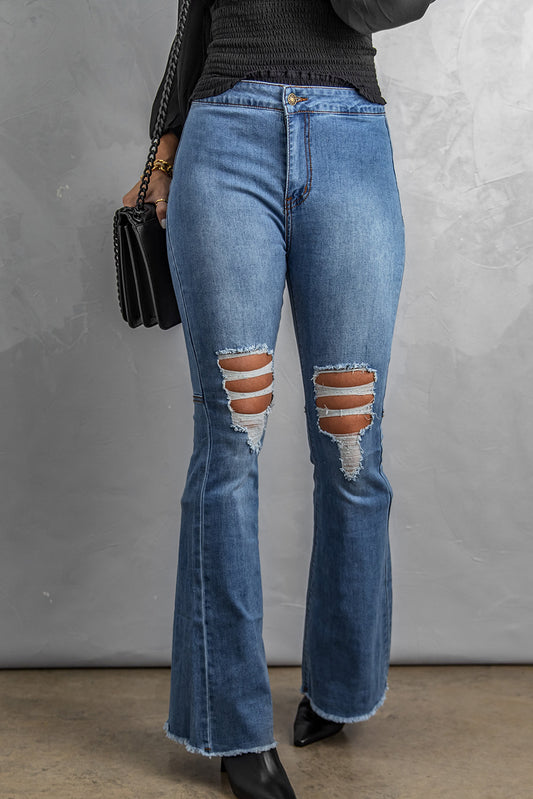 Distressed Raw Hem High-Waist Flare Jeans  Pants- Doll Fits