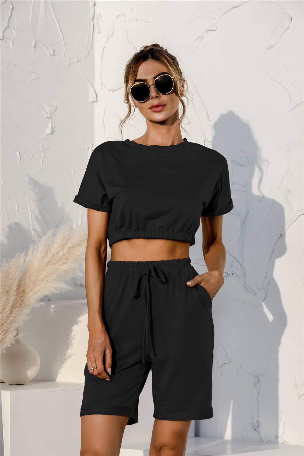 Short Sleeve Cropped Top and Drawstring Shorts Lounge Set  Outfit Sets- Doll Fits