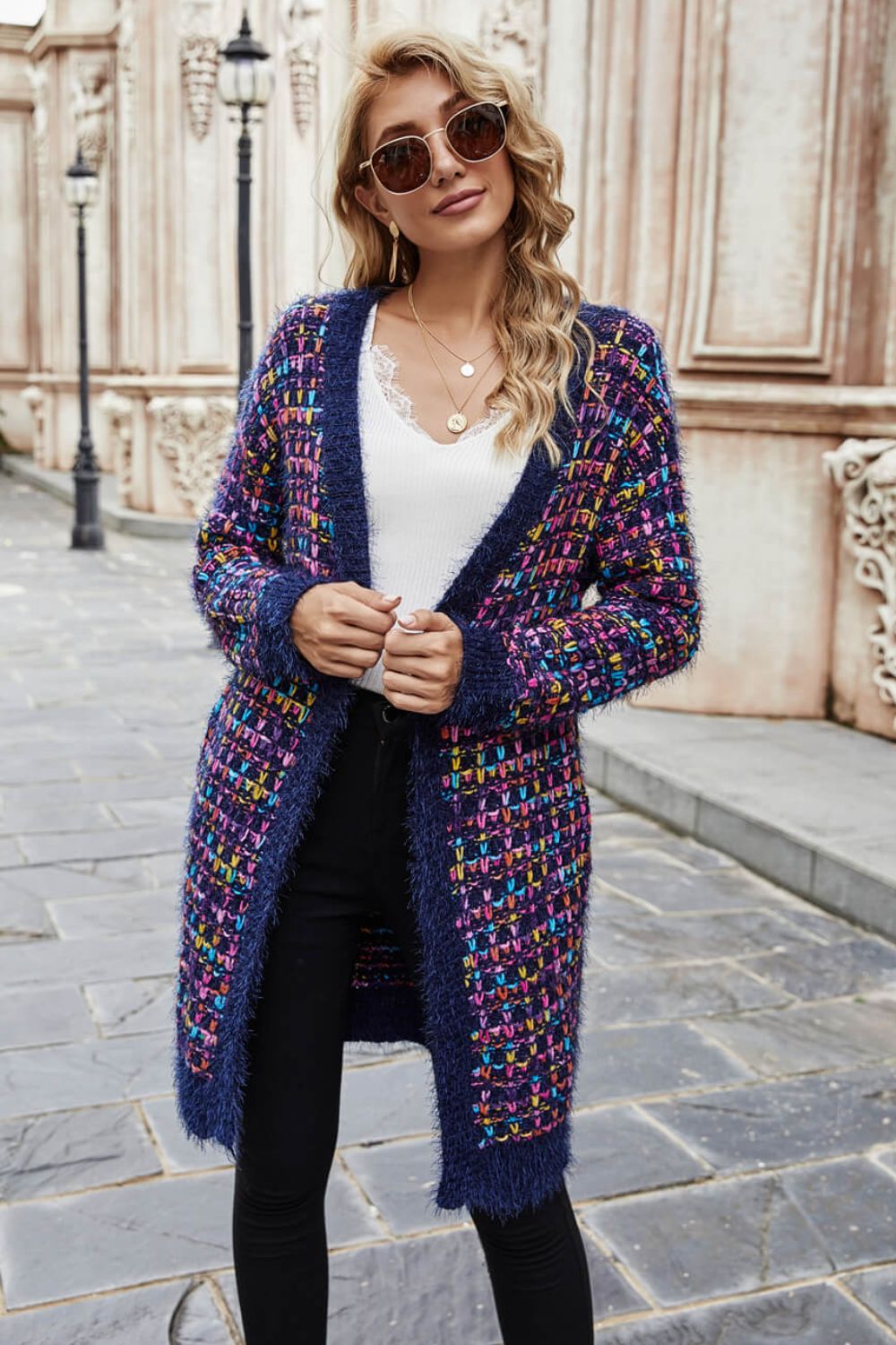 Multicolored Ribbed Trim Open Front Cardigan with Pockets  Coats & Jackets- Doll Fits