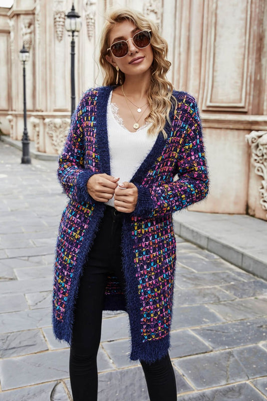 Multicolored Ribbed Trim Open Front Cardigan with Pockets  Coats & Jackets- Doll Fits