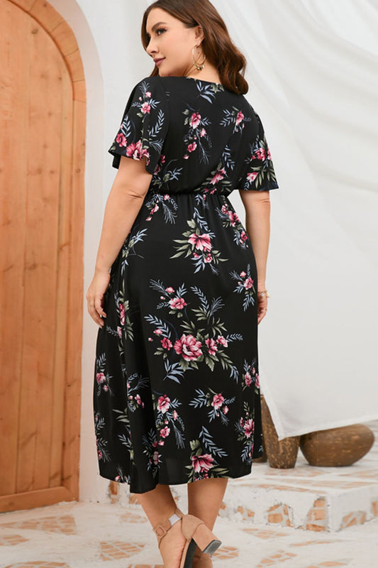 Plus Size Floral Short Sleeve Split Dress  Dresses- Doll Fits