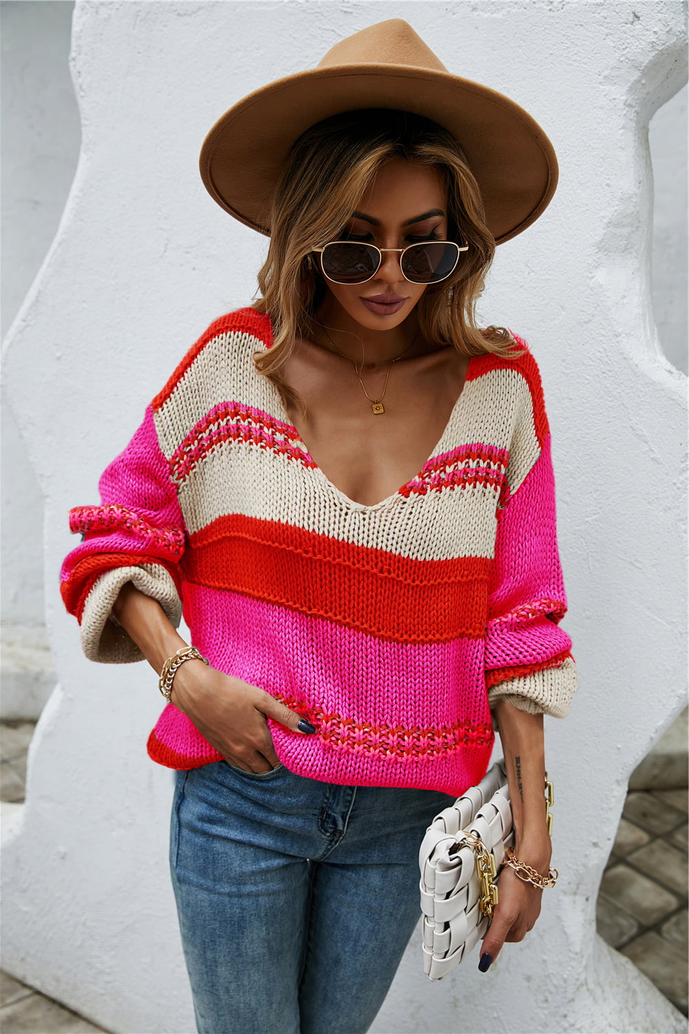 Color Block Scoop Neck Dropped Shoulder Sweater  - Doll Fits