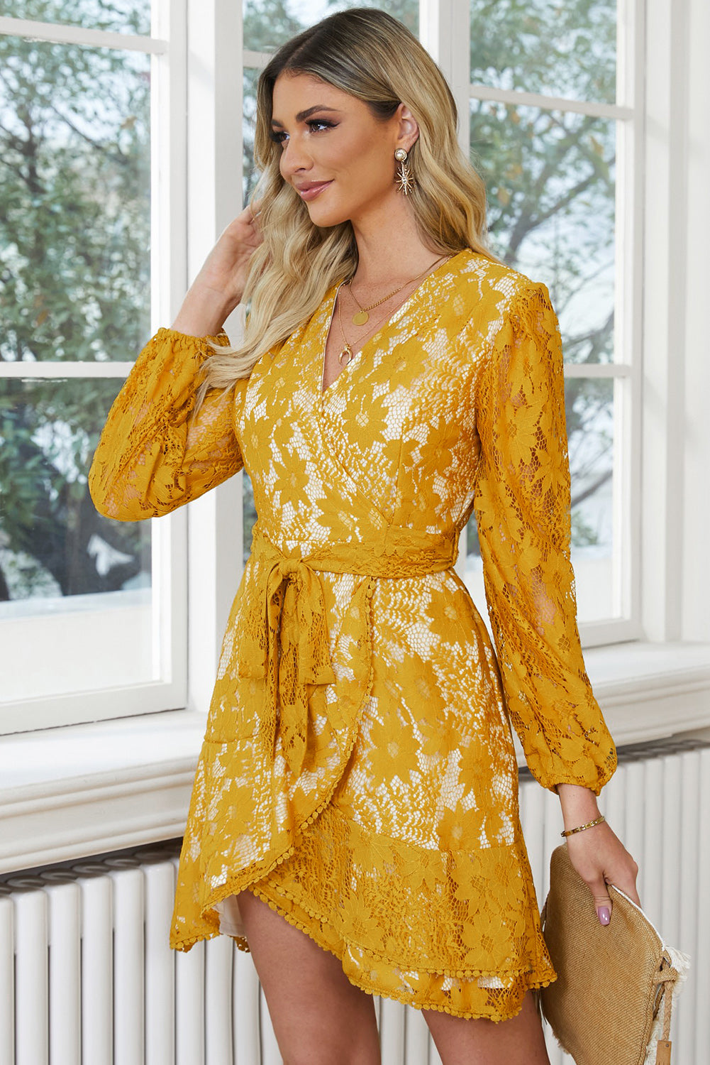 Pompom Trim Puff Sleeve Belted Lace Dress  Dresses- Doll Fits