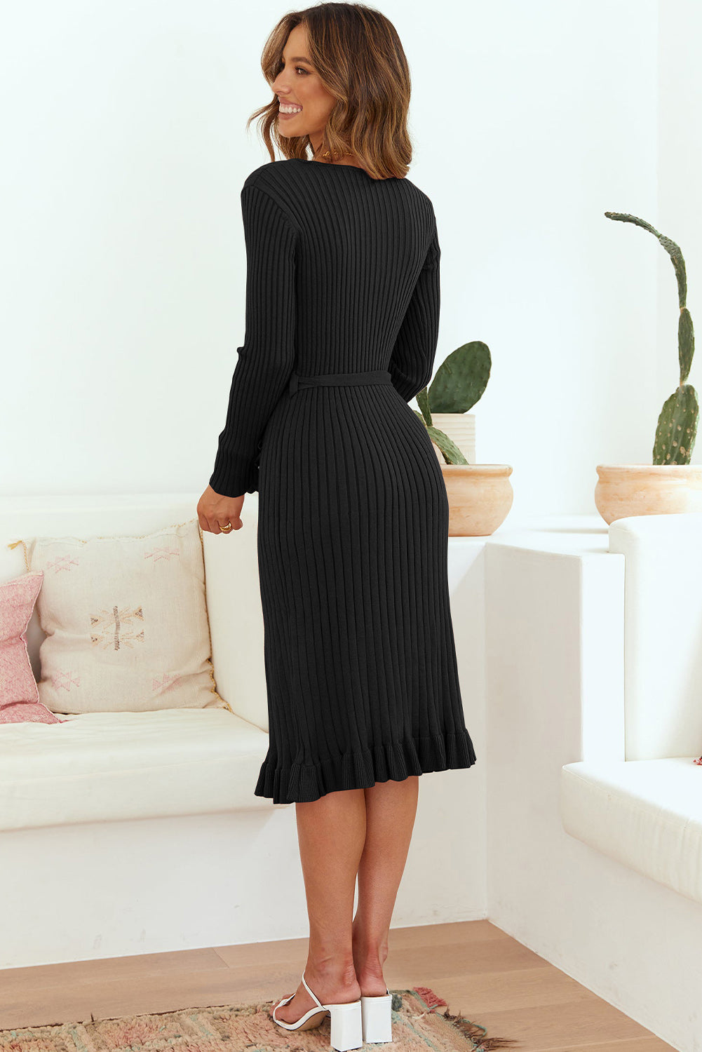 Ribbed V-Neck Tie Waist Pencil Dress  Dresses- Doll Fits