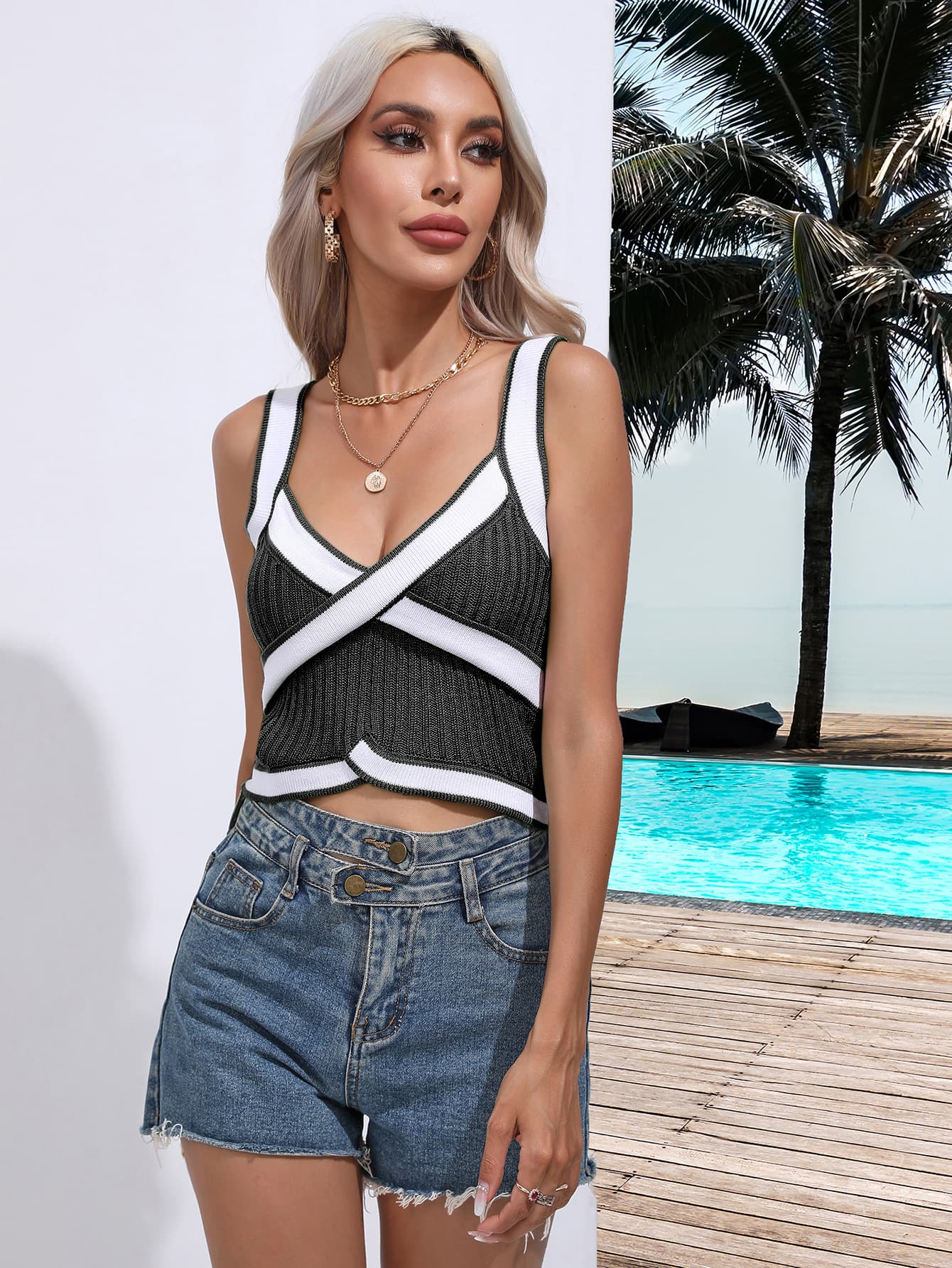 Contrast Crisscross Knit Tank  - Doll Fits