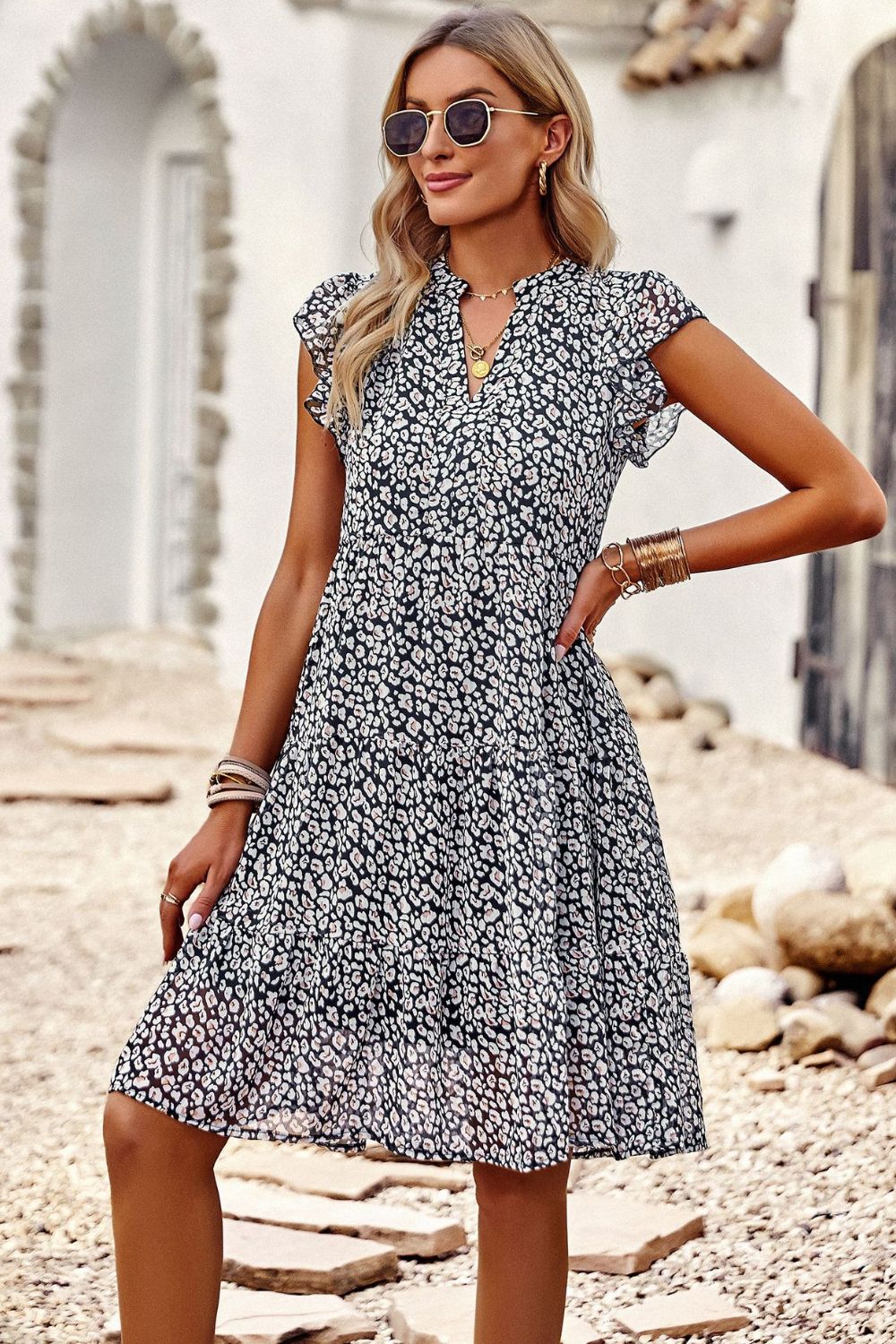 Floral Flutter Sleeve Notched Neck Tiered Dress  Dresses- Doll Fits
