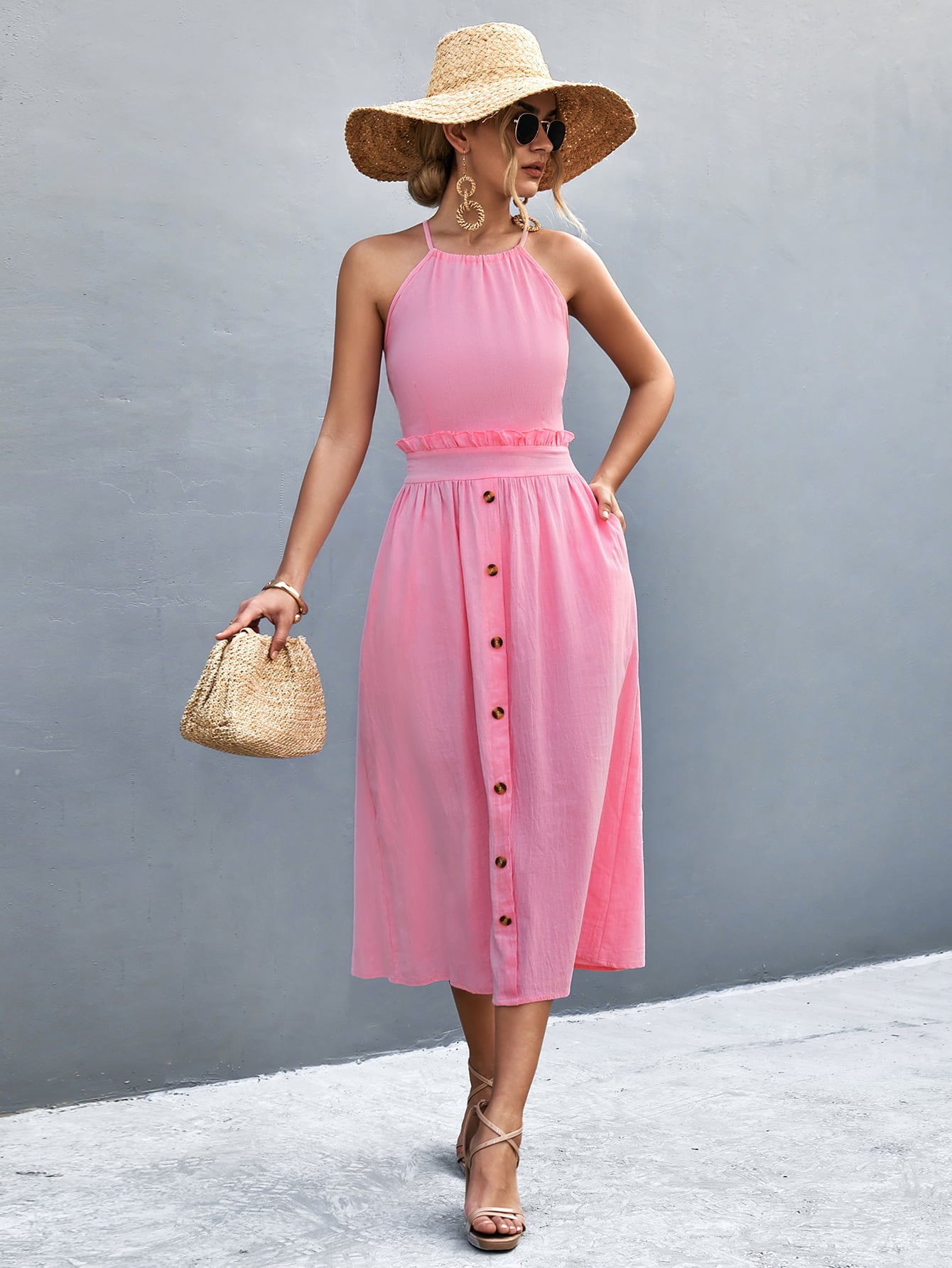 Buttoned Halter Neck Frill Trim Midi Dress  Dresses- Doll Fits