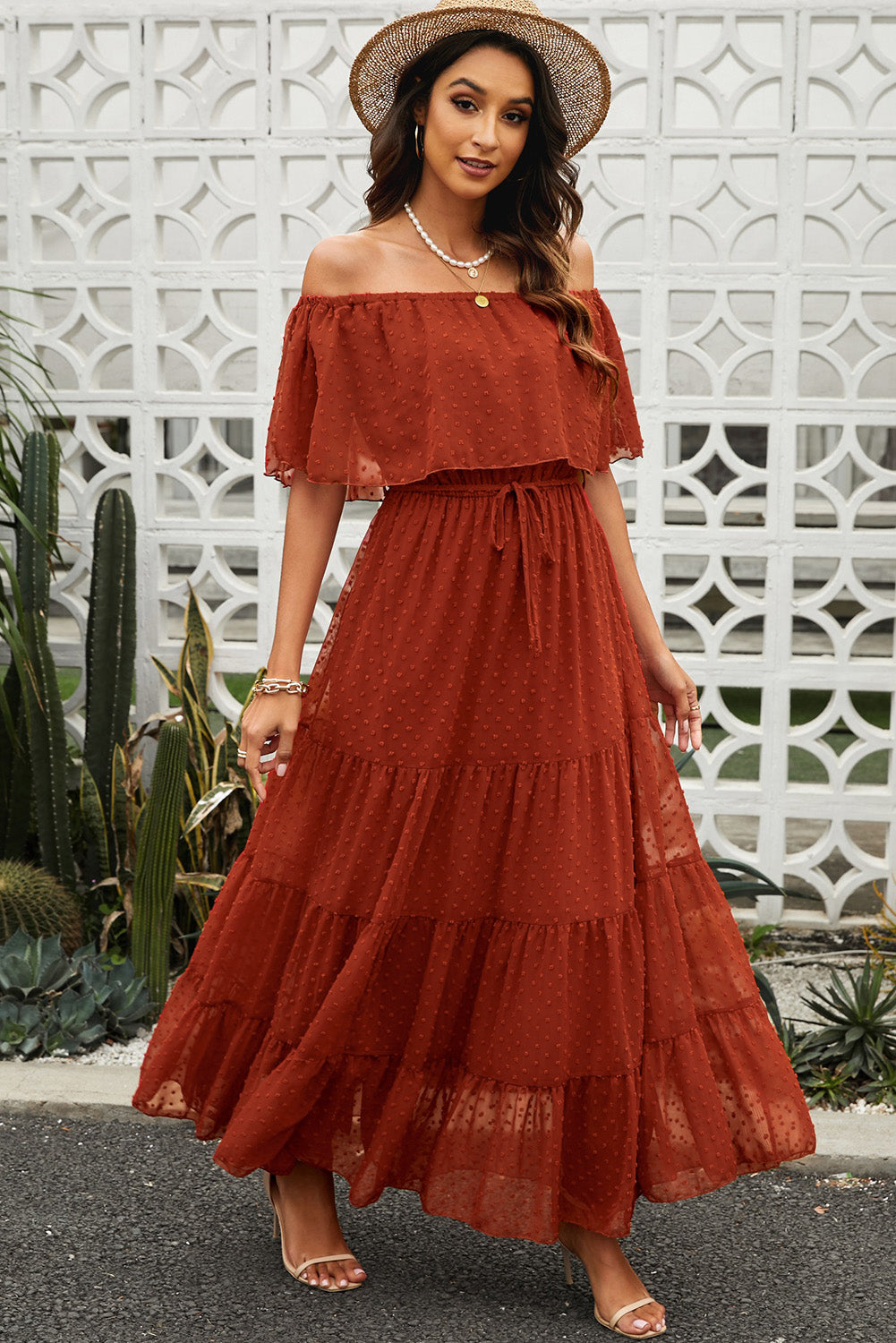 Swiss Dot Off-Shoulder Tiered Maxi Dress  Dresses- Doll Fits