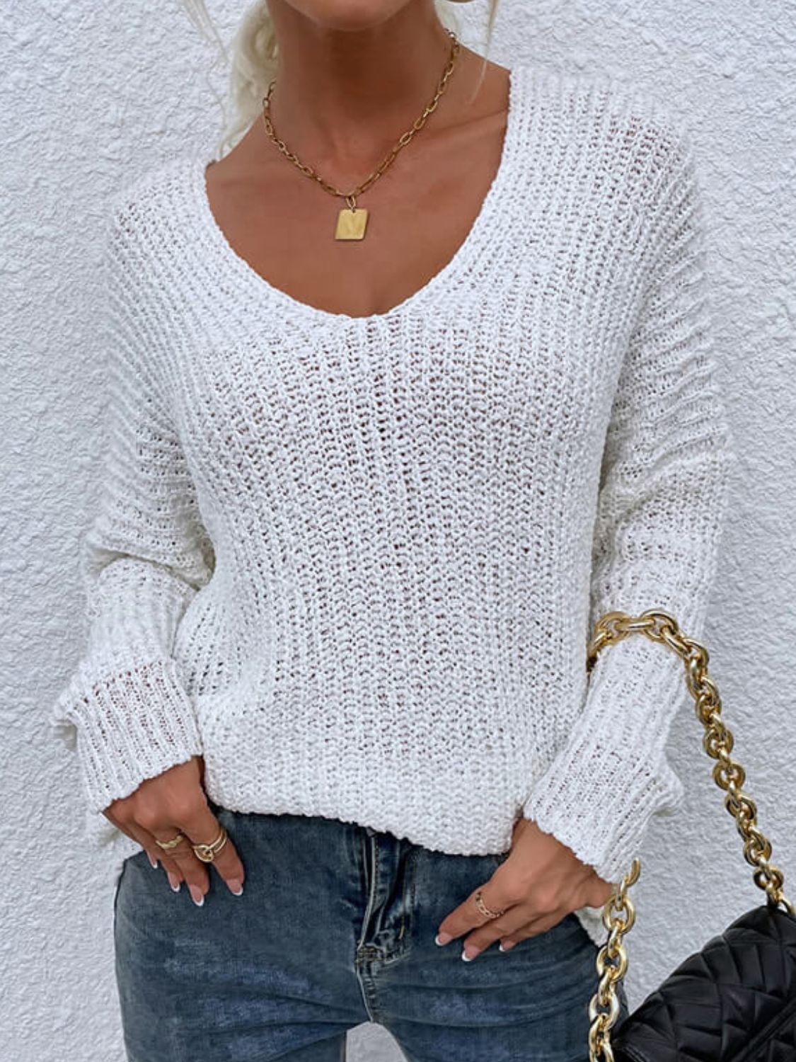 Rib-Knit V-Neck Tunic Sweater  Shirts & Tops- Doll Fits