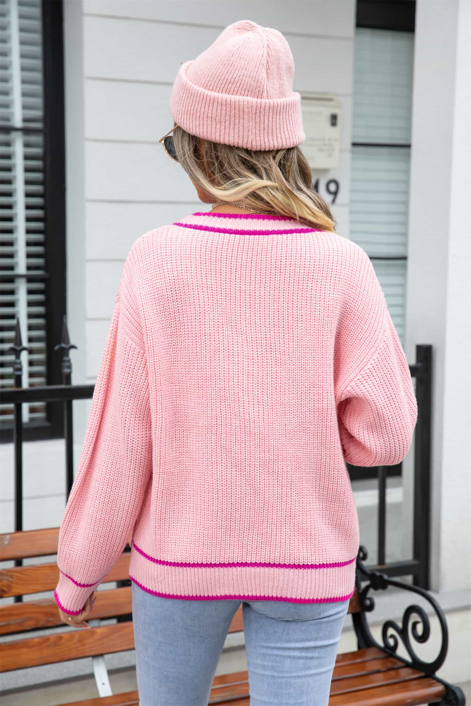 Waffle Knit V-Neck Cardigan with Pocket  - Doll Fits