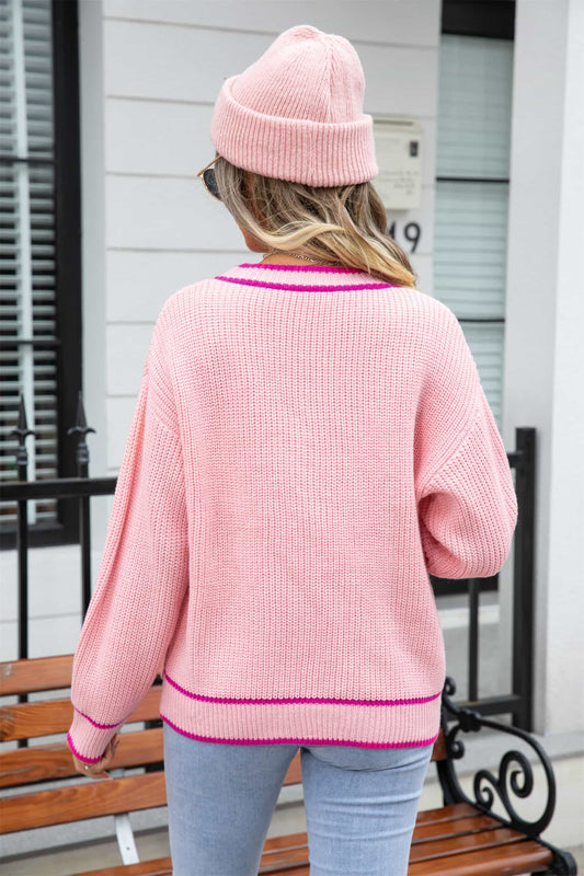 Waffle Knit V-Neck Cardigan with Pocket  - Doll Fits