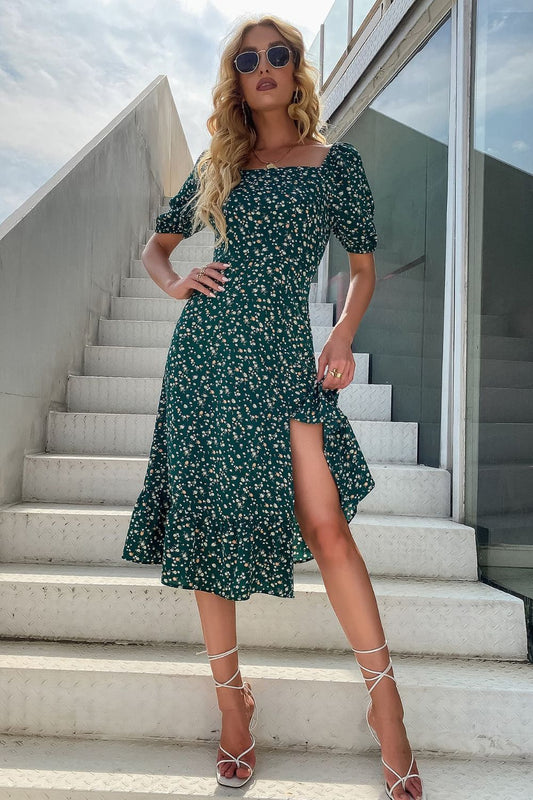 Floral Square Neck Slit Dress  Dresses- Doll Fits