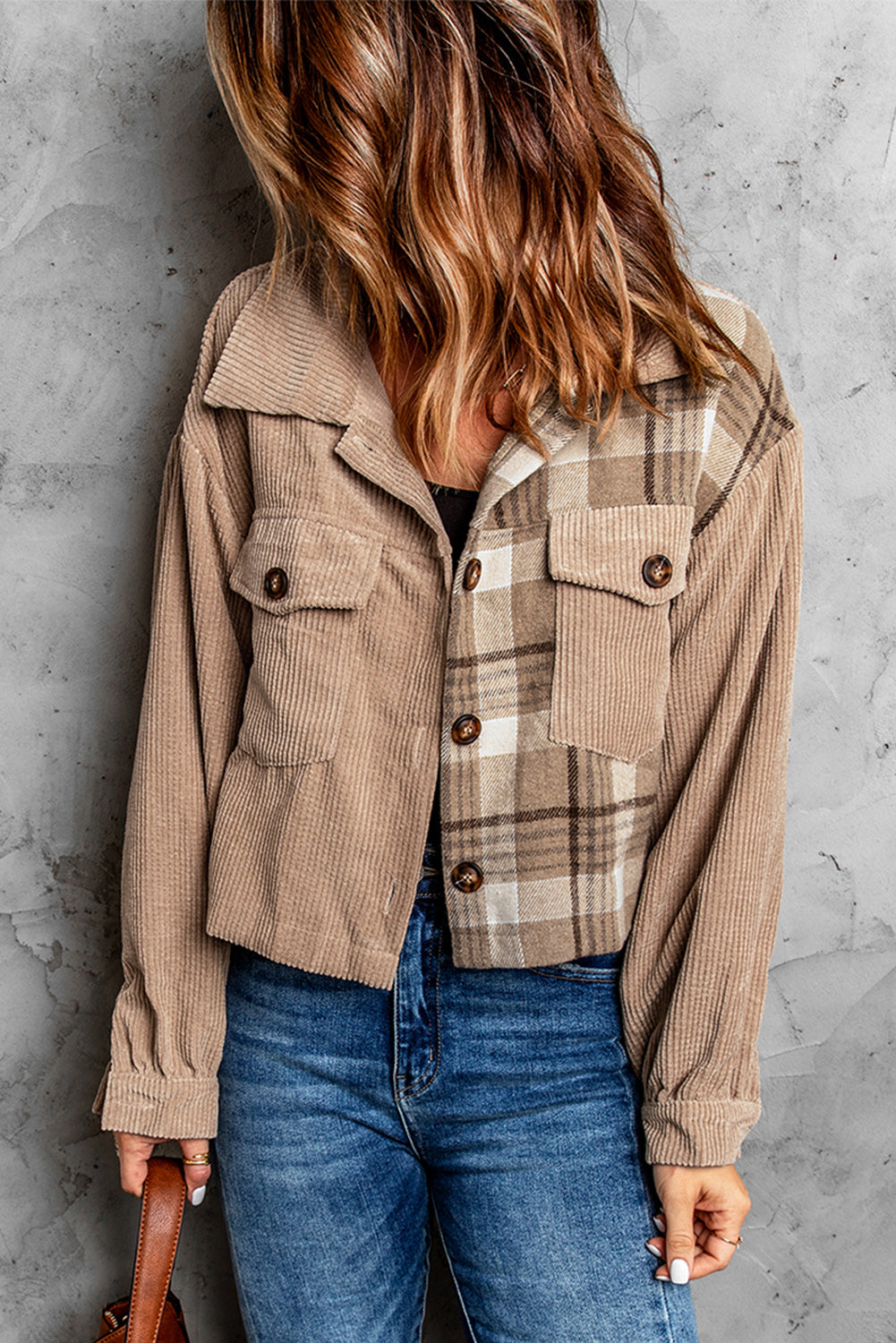 Plaid Corduroy Dropped Shoulder Jacket  Coats & Jackets- Doll Fits