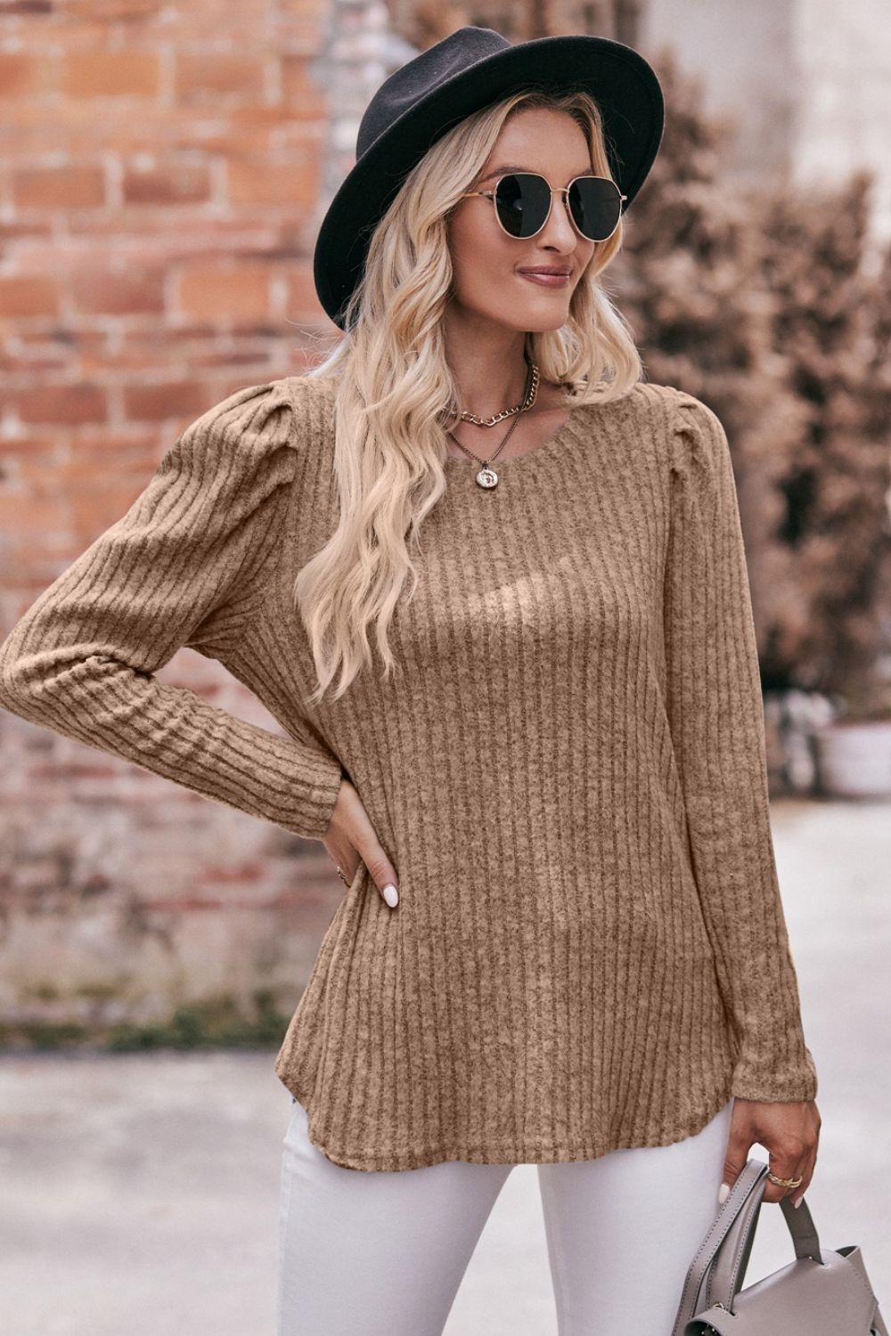 Round Neck Puff Sleeve Ribbed Top  Shirts & Tops- Doll Fits