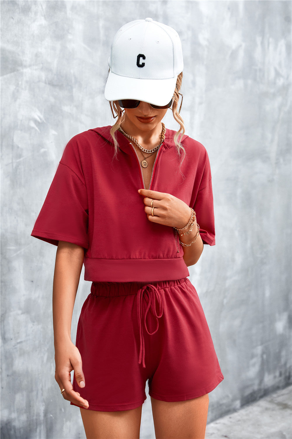Half Zip Cropped Hooded T-Shirt and Shorts Set  Outfit Sets- Doll Fits