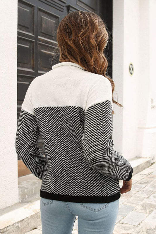Two-Tone Mock Neck Dropped Shoulder Pullover Sweater  - Doll Fits