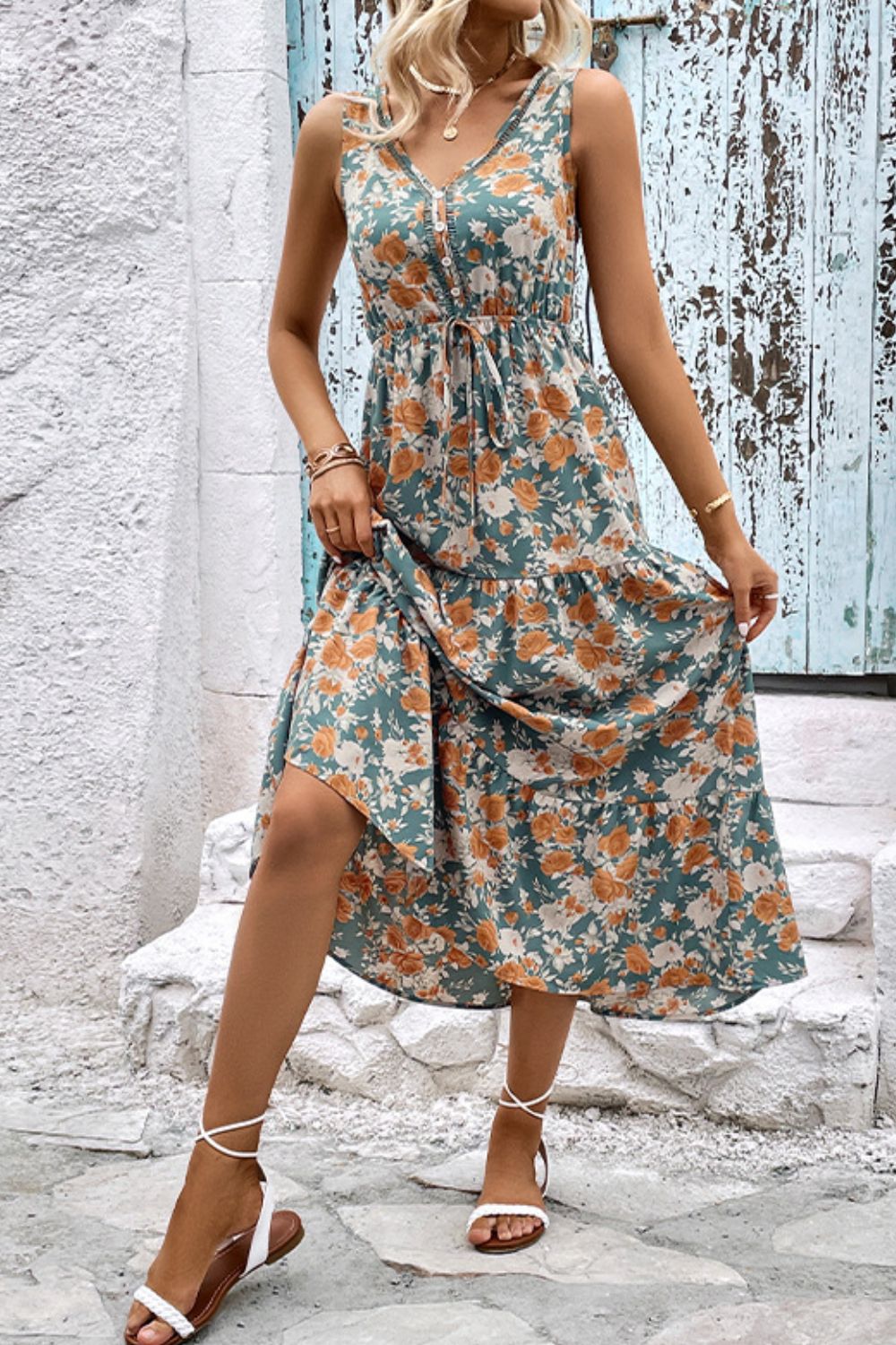 Floral V-Neck Tiered Sleeveless Dress  Dresses- Doll Fits