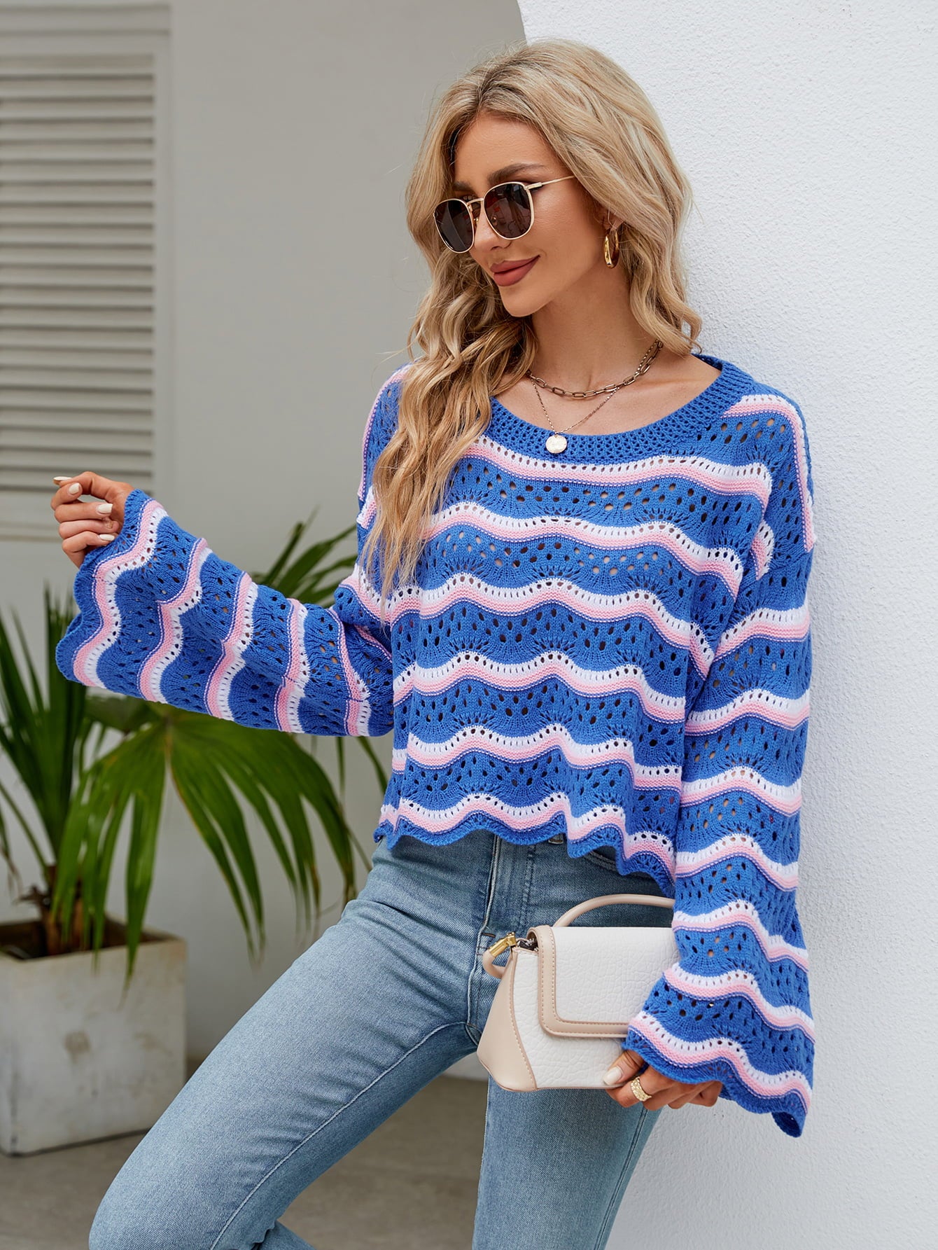 Round Neck Openwork Flare Sleeve Knit Top  - Doll Fits